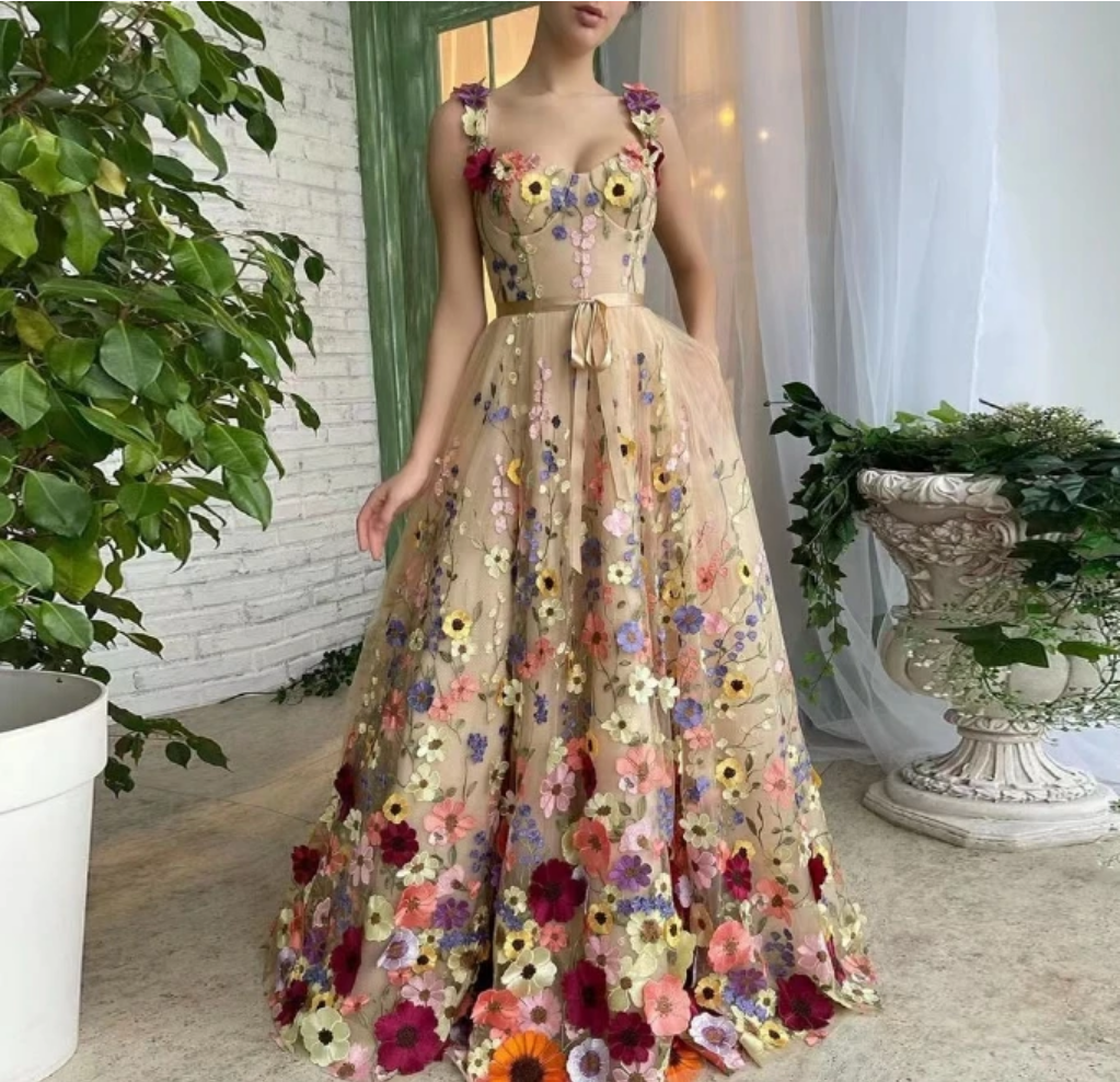 Summer Fashion 3D Flower Embroidery  Square Neck Sleeveless Open Back Pocket Design Long Dress