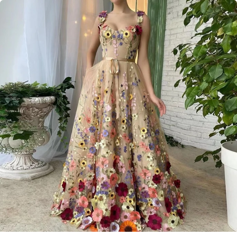 Summer Fashion 3D Flower Embroidery  Square Neck Sleeveless Open Back Pocket Design Long Dress
