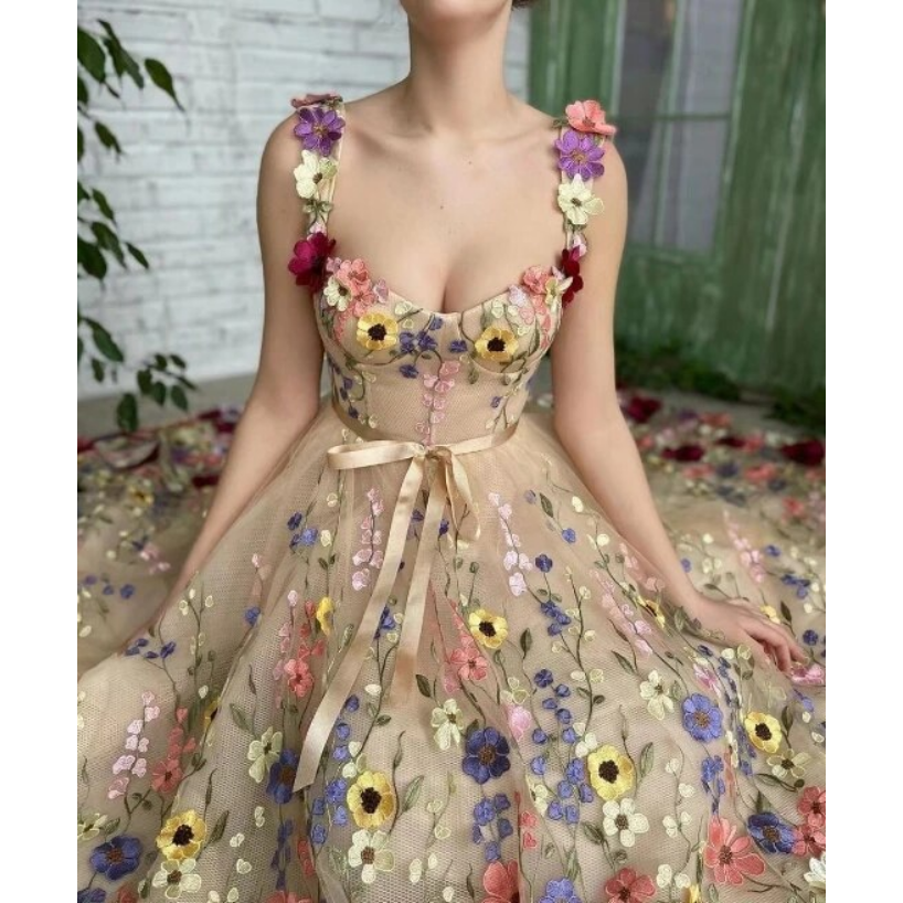Summer Fashion 3D Flower Embroidery  Square Neck Sleeveless Open Back Pocket Design Long Dress