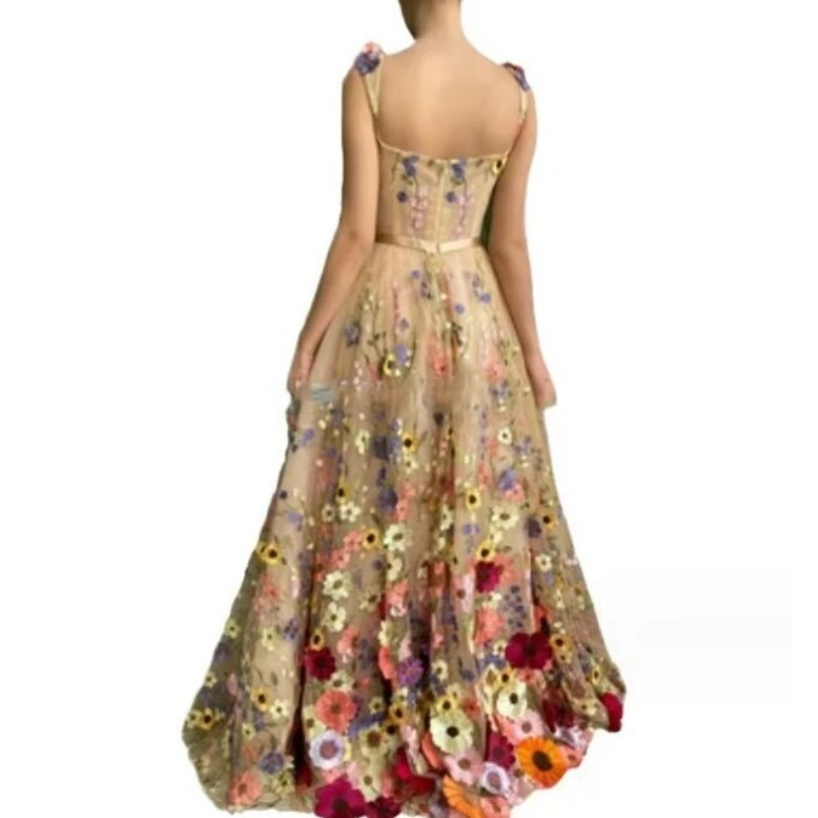 Summer Fashion 3D Flower Embroidery  Square Neck Sleeveless Open Back Pocket Design Long Dress