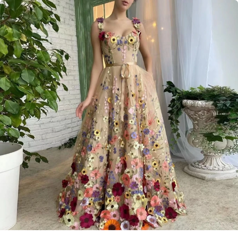 Summer Fashion 3D Flower Embroidery  Square Neck Sleeveless Open Back Pocket Design Long Dress
