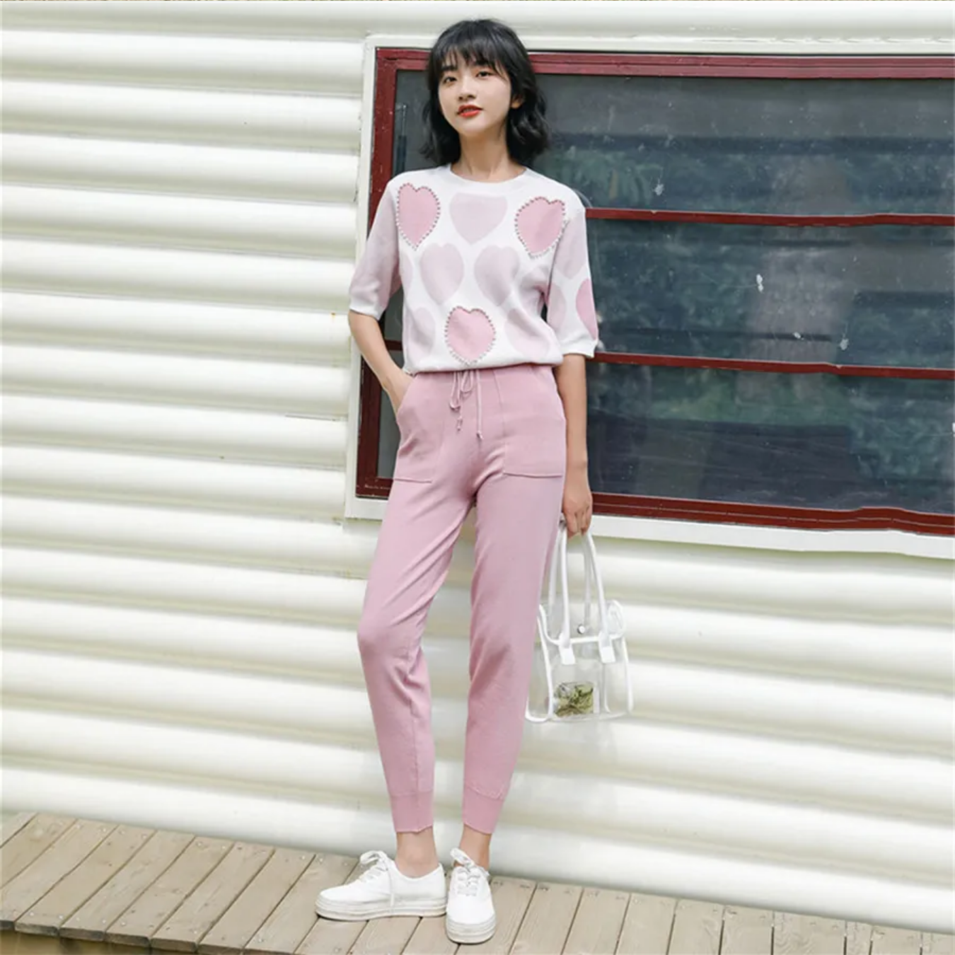 Jacquard Knit Short Sleeve Basic Women Pullover Beaded Sweater Tracksuits + Capris Harem Pants Jogging Outfits