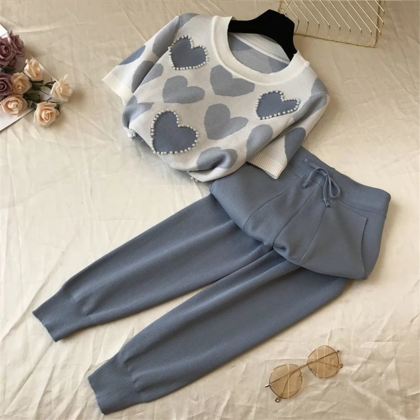 Jacquard Knit Short Sleeve Basic Women Pullover Beaded Sweater Tracksuits + Capris Harem Pants Jogging Outfits