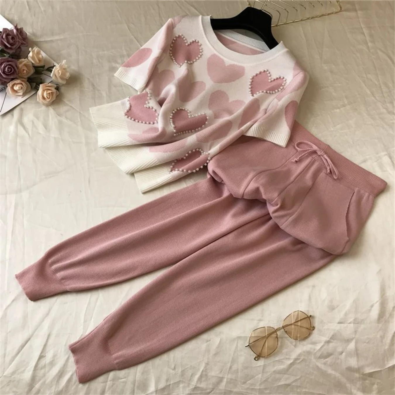 Jacquard Knit Short Sleeve Basic Women Pullover Beaded Sweater Tracksuits + Capris Harem Pants Jogging Outfits