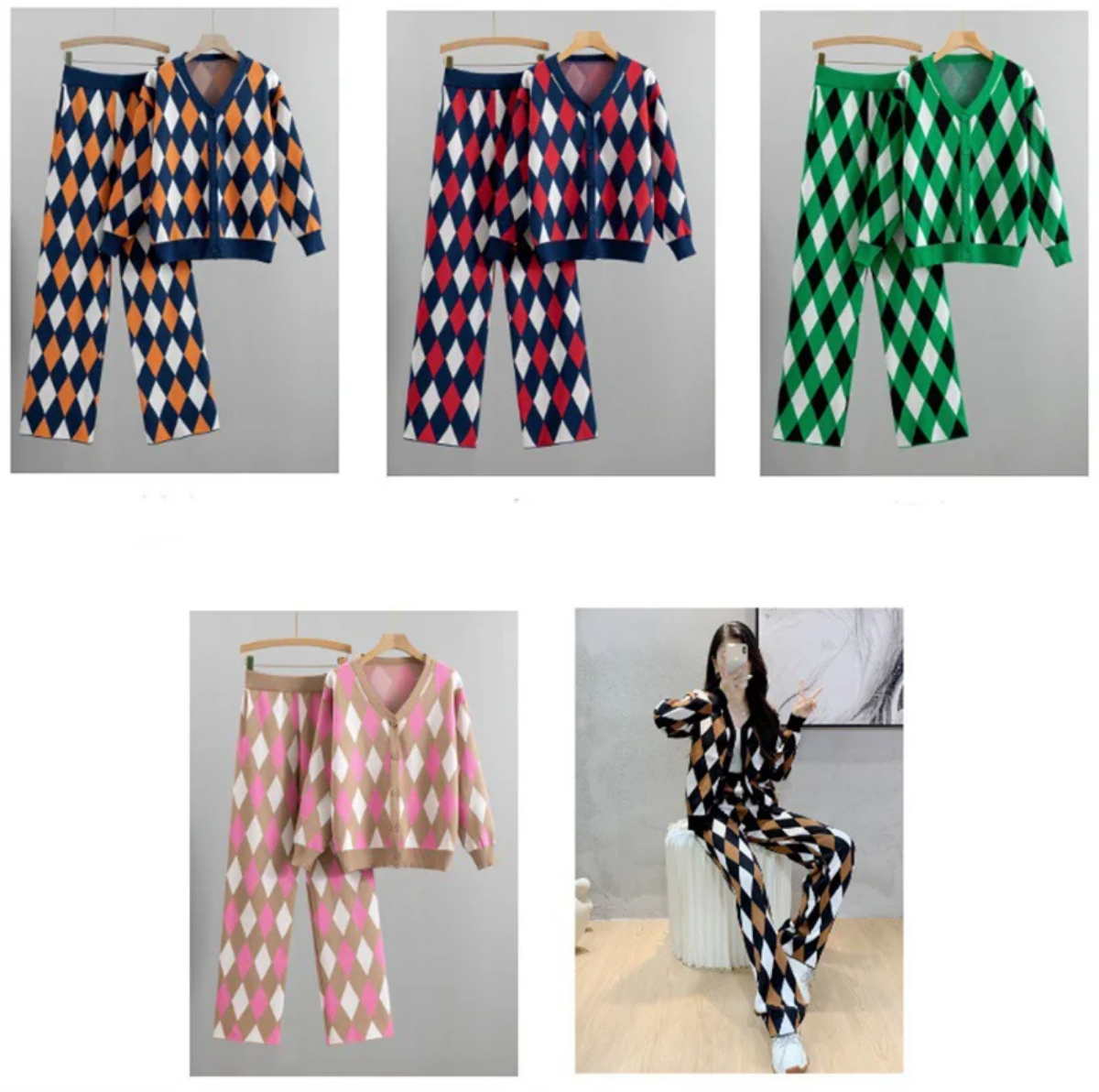 Thick Soft Plaid Sweater 2 Piece Sets V-neck Knitwear Cardigan/ High Waist Baggy Knit Wide Leg Sweatpants