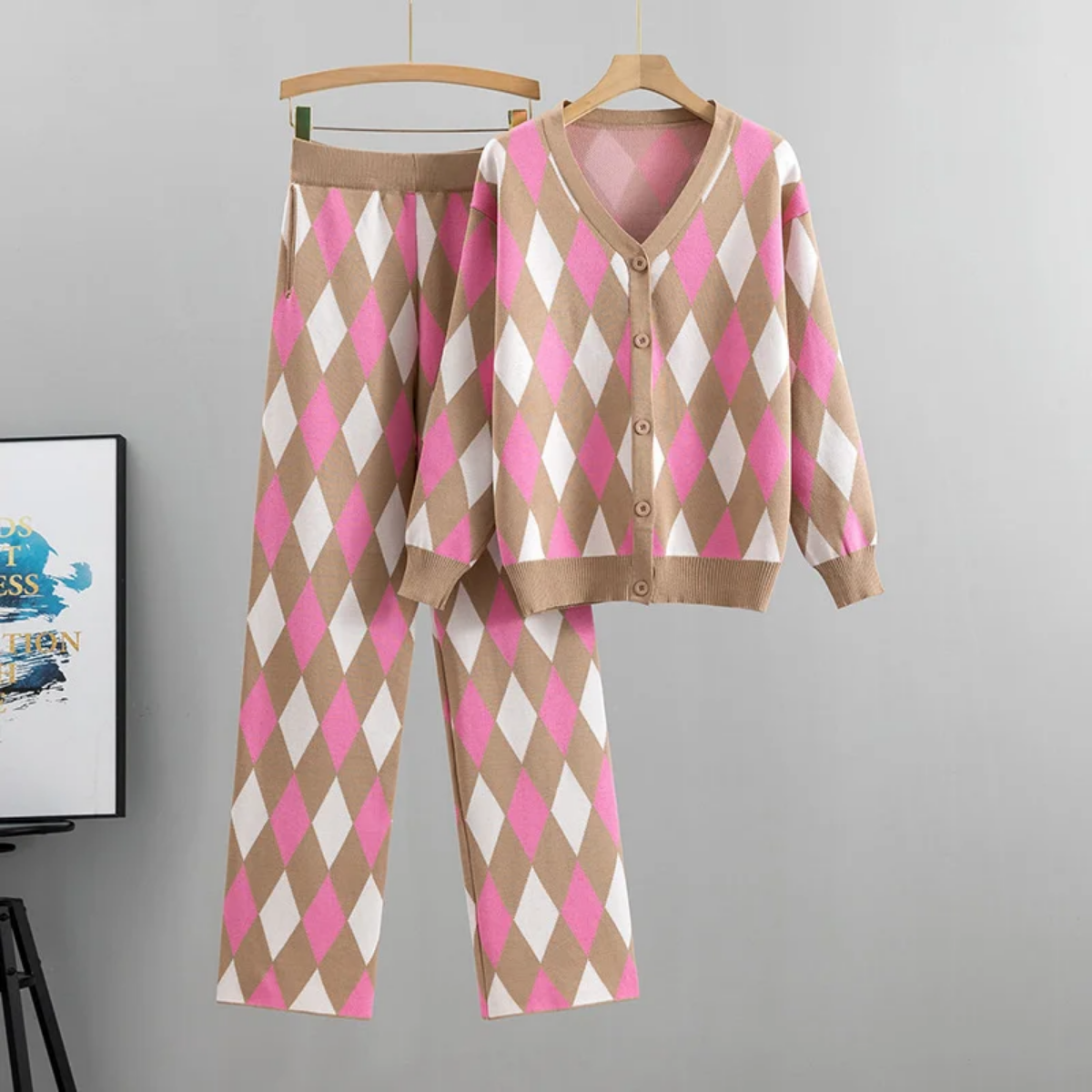Thick Soft Plaid Sweater 2 Piece Sets V-neck Knitwear Cardigan/ High Waist Baggy Knit Wide Leg Sweatpants