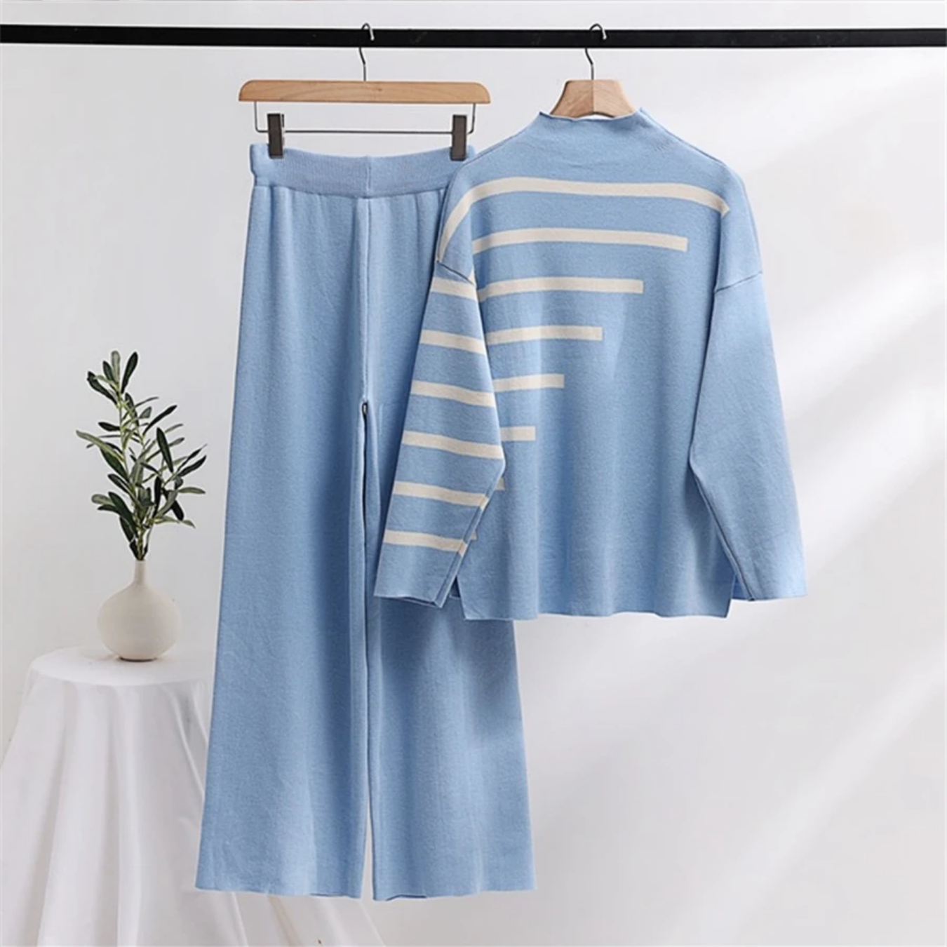 Striped Sweater Pullover 2 Piece Sets Half Turtleneck Knitwear Jumper Suits High Waist Baggy Knit Wide Leg Pants Outfits