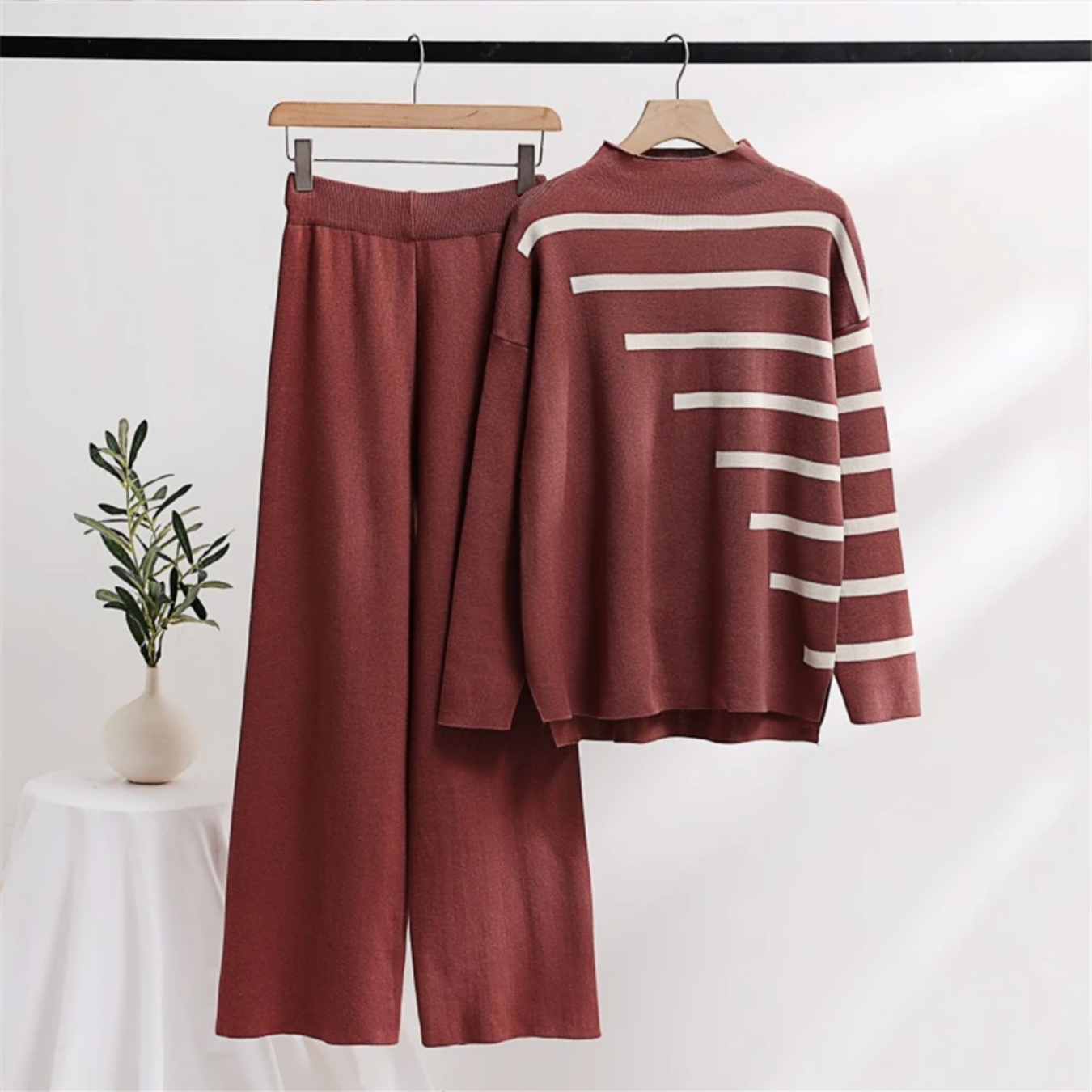 Striped Sweater Pullover 2 Piece Sets Half Turtleneck Knitwear Jumper Suits High Waist Baggy Knit Wide Leg Pants Outfits