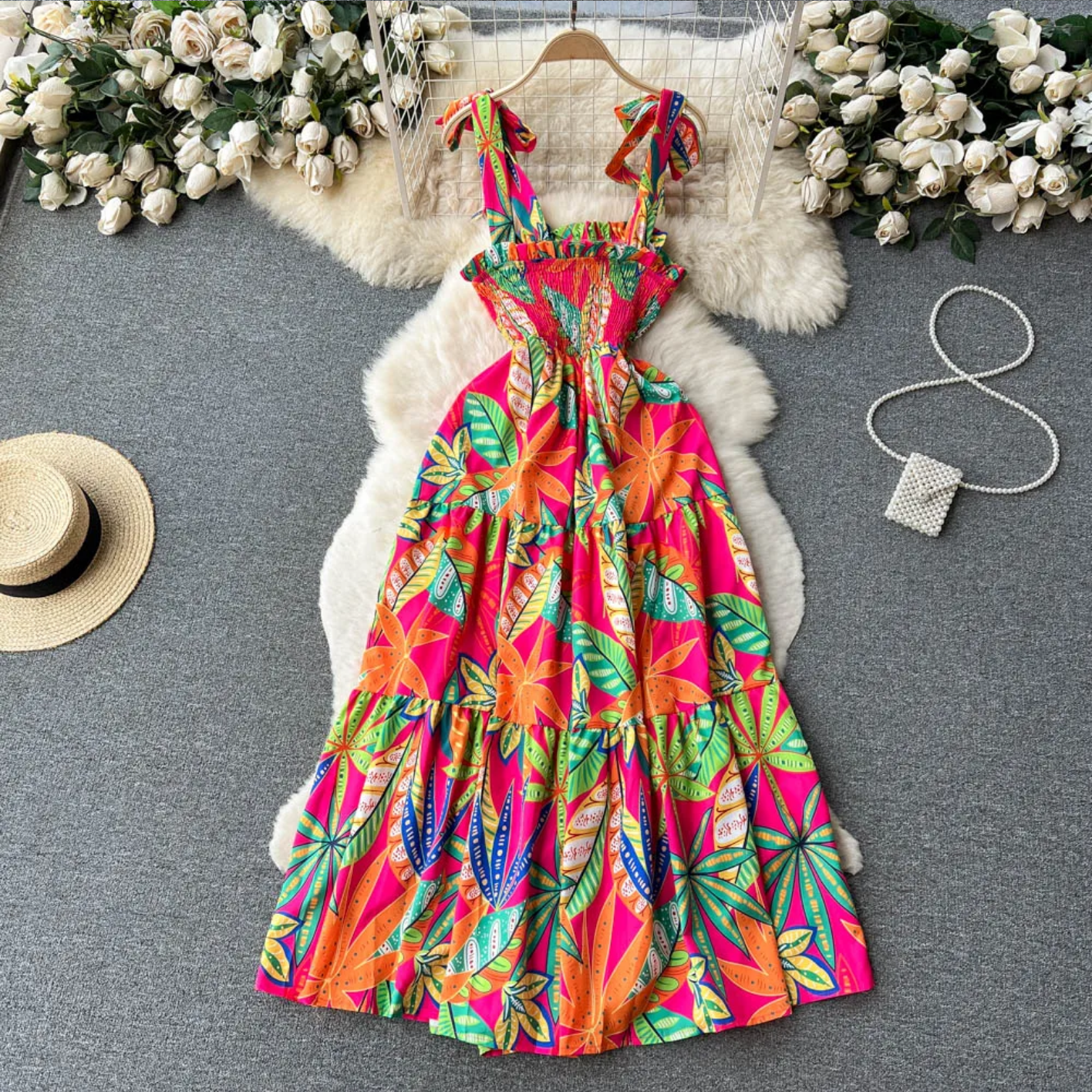 Summer Vacation Spaghetti Strap Ruched Elastic Backless  Floral Print Beach Sundress