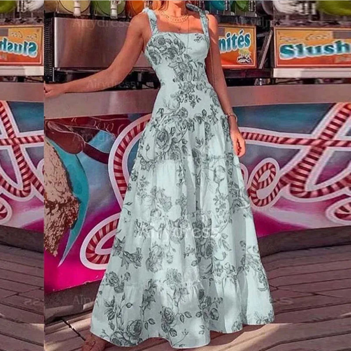 Flower Printed Spaghetti Strap High Waist Maxi Dress