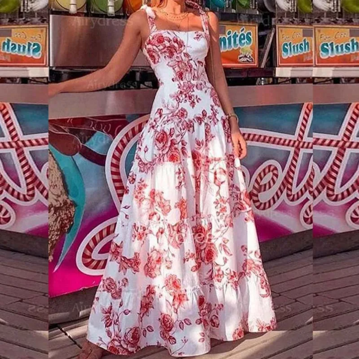 Flower Printed Spaghetti Strap High Waist Maxi Dress