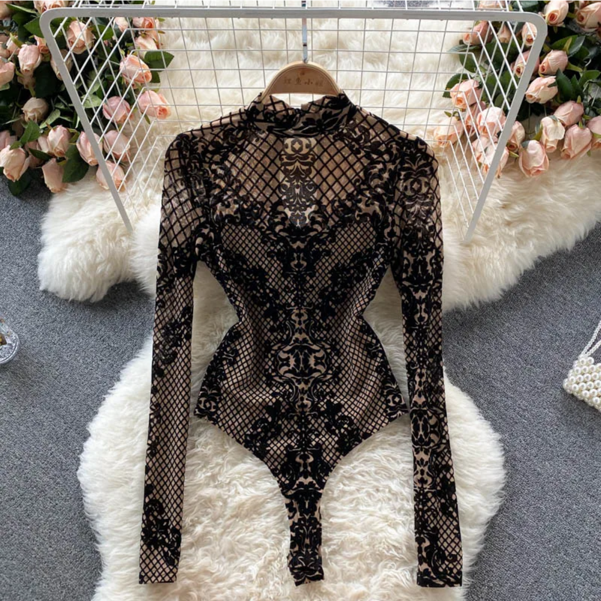 Fashion Summer Velvet Slim Long Sleeves Vintage Bodycon Mesh Bodysuits