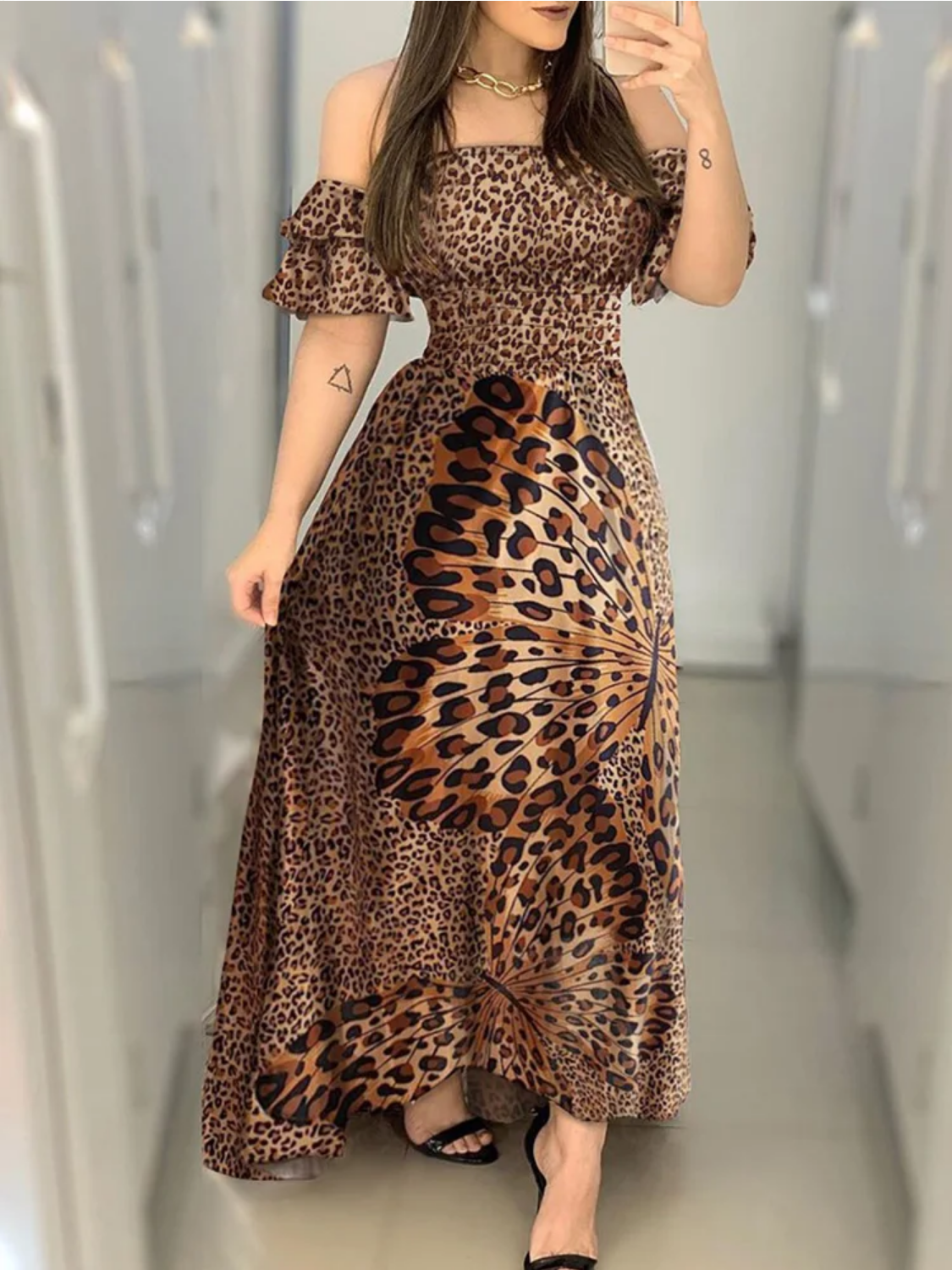 Leopard Butterfly Print Sexy Off Shoulder Slash Neck Maxi Dress