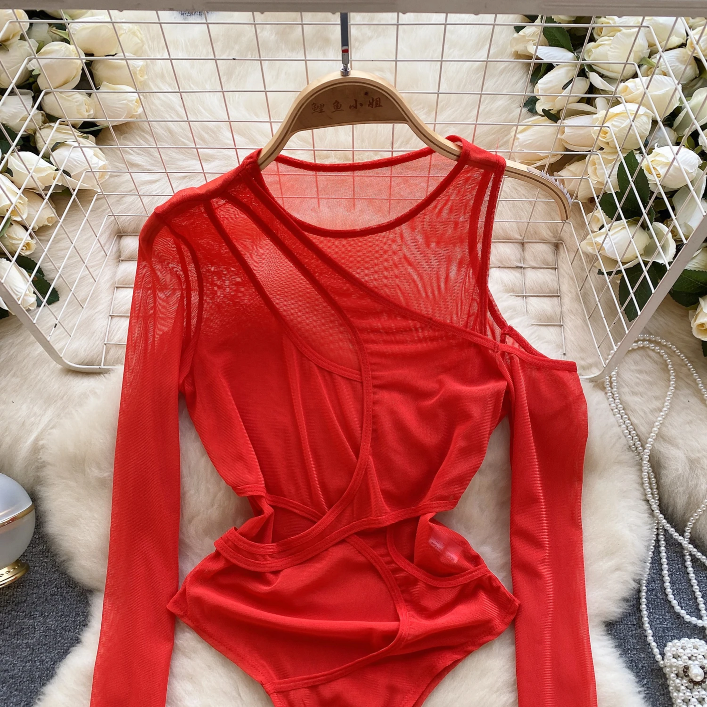 Irregular Mesh Long Sleeves Off the shoulder Slim BSolid Sheer Bodysuits