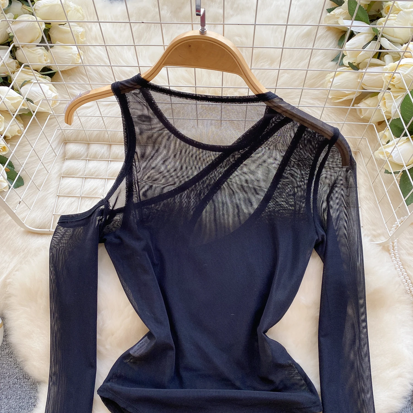 Irregular Mesh Long Sleeves Off the shoulder Slim BSolid Sheer Bodysuits