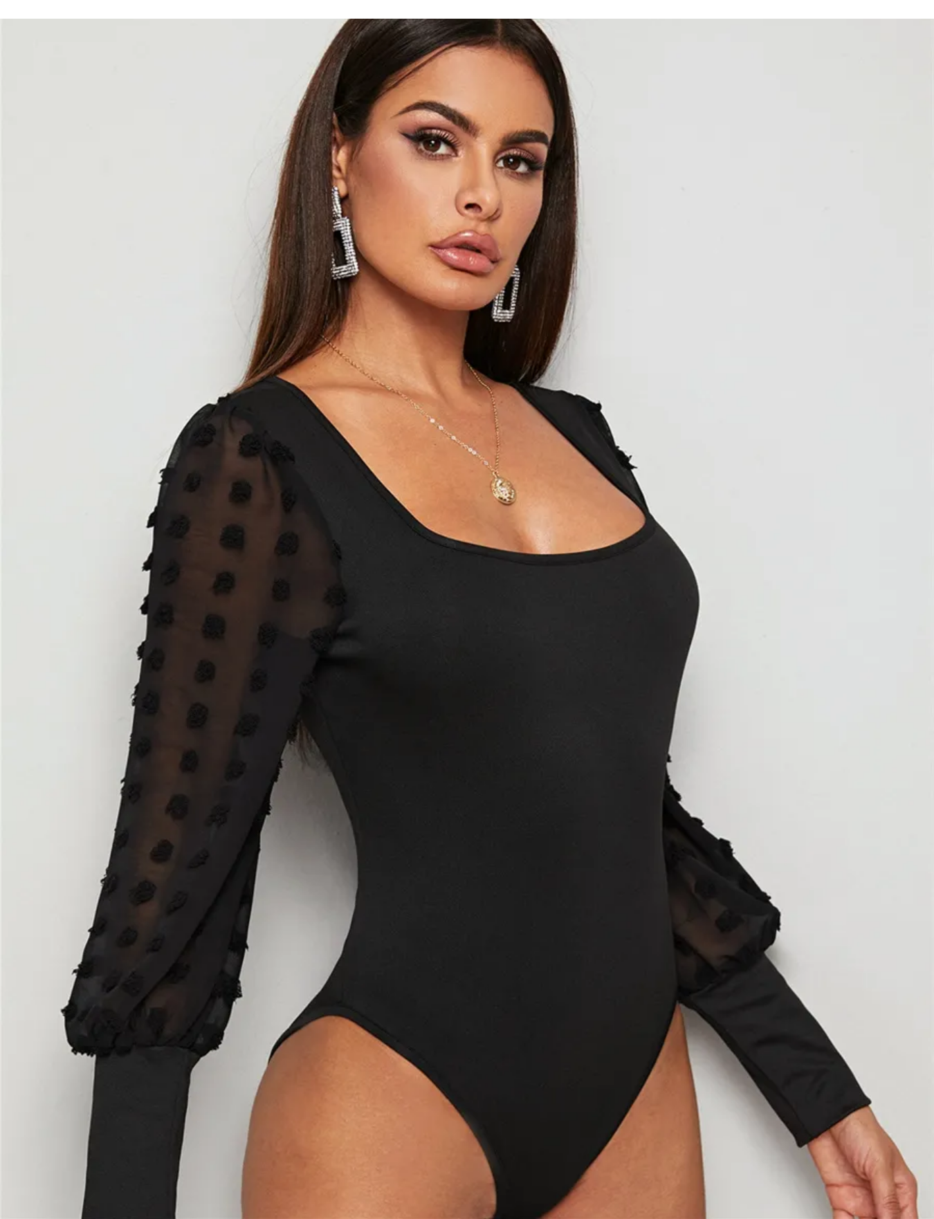 Women Sexy Slim Long Sleeve Bandage Square Collar Bodysuit