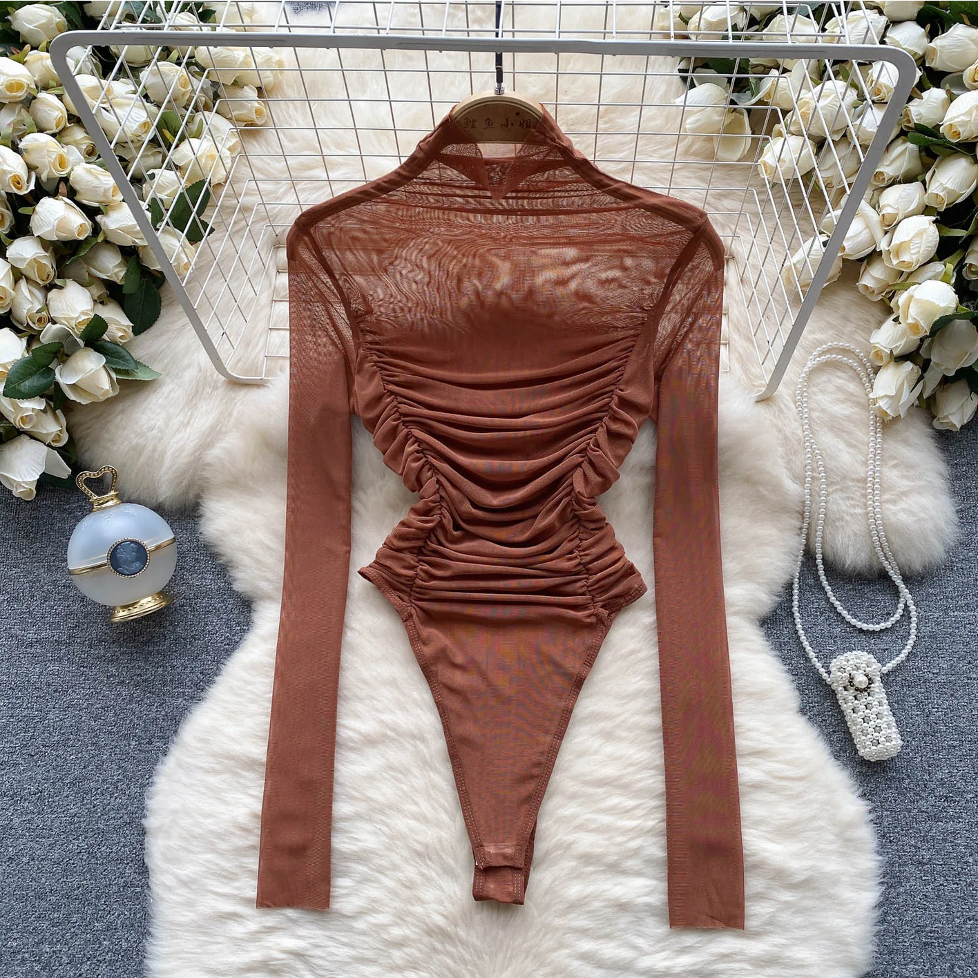 Autumn Mesh Turtleneck Long Sleeve Ruched Open Crotch Slim Fashion Sheer Sexy Bodysuits
