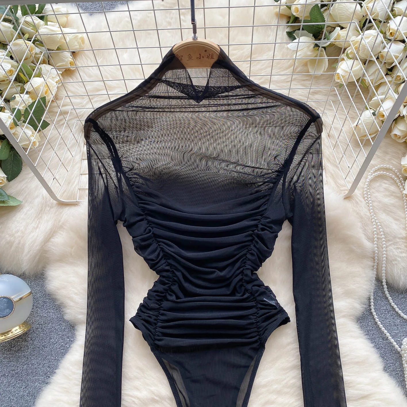 Autumn Mesh Turtleneck Long Sleeve Ruched Open Crotch Slim Fashion Sheer Sexy Bodysuits