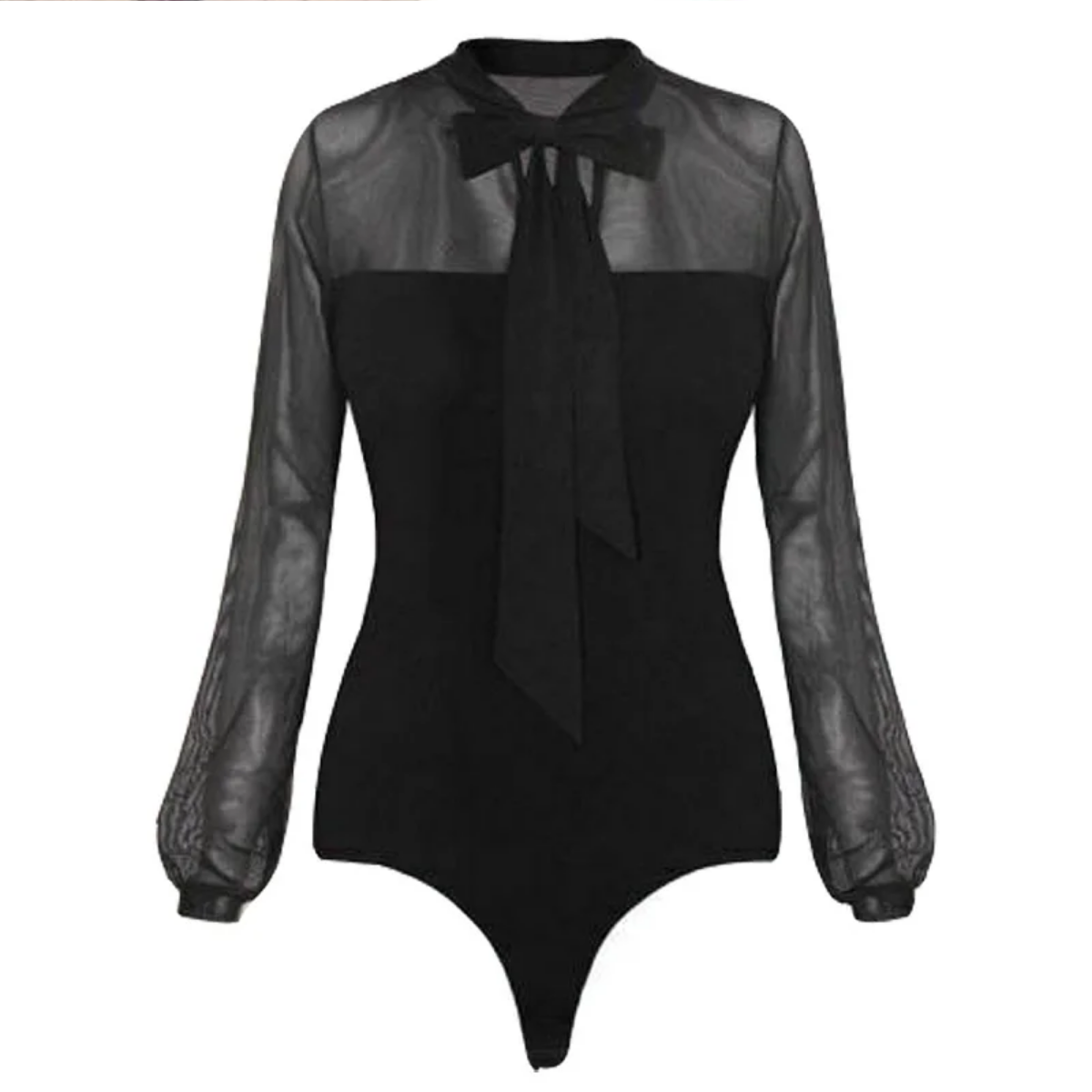 Bow Collar Elegant  Mesh Sheer Long Sleeve Bodysuit