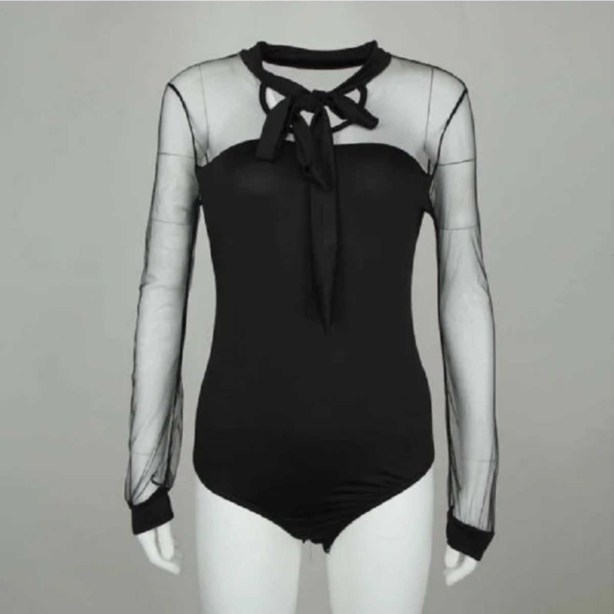 Bow Collar Elegant  Mesh Sheer Long Sleeve Bodysuit