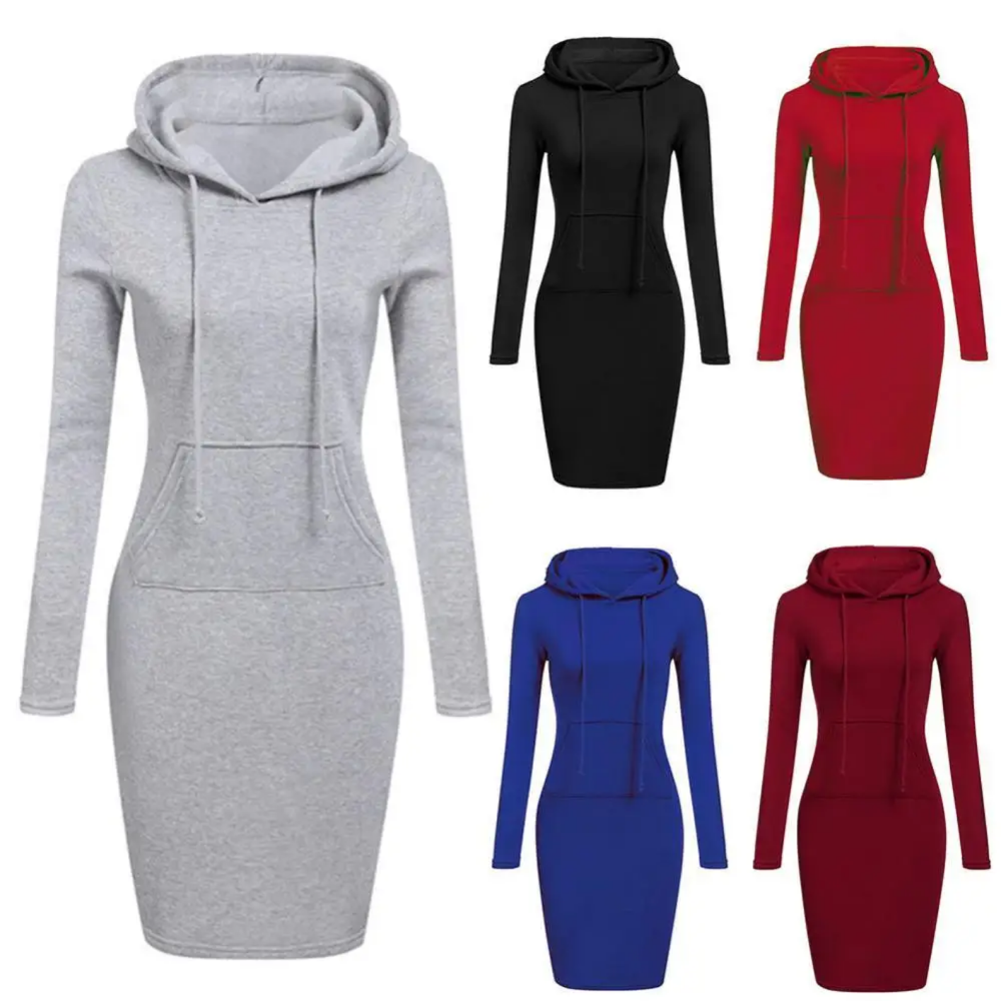 New Autumn Solid Color  Long Sleeve Pocket Bodycon Hooded Sweatshirt Hoodies Dress