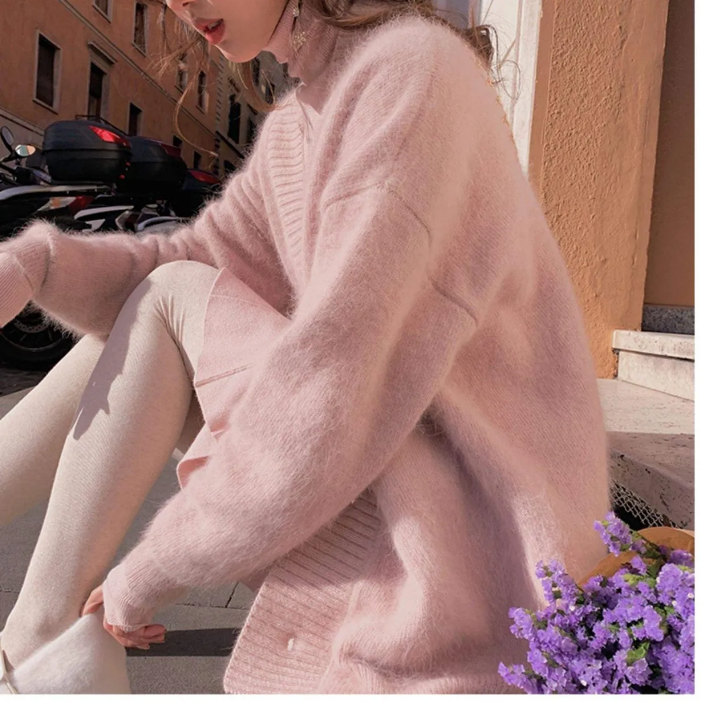 Chic Autumn Winter Pearl Button V Neck Knitted Mohair Thick Loose Sweater Jacket Coat