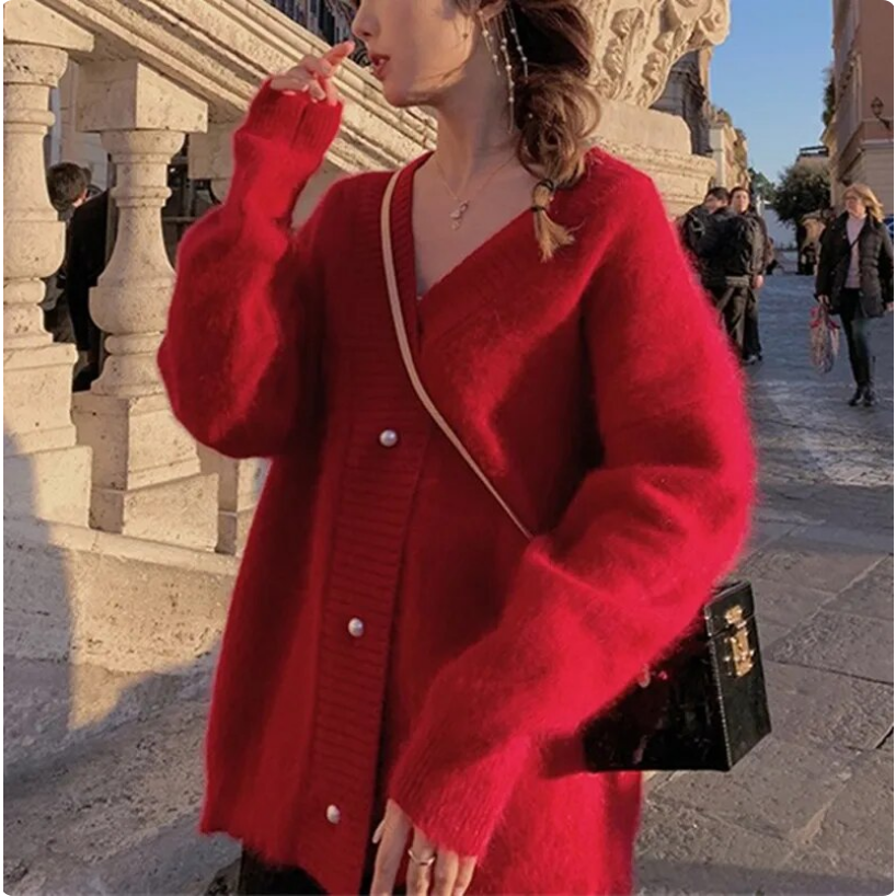 Chic Autumn Winter Pearl Button V Neck Knitted Mohair Thick Loose Sweater Jacket Coat