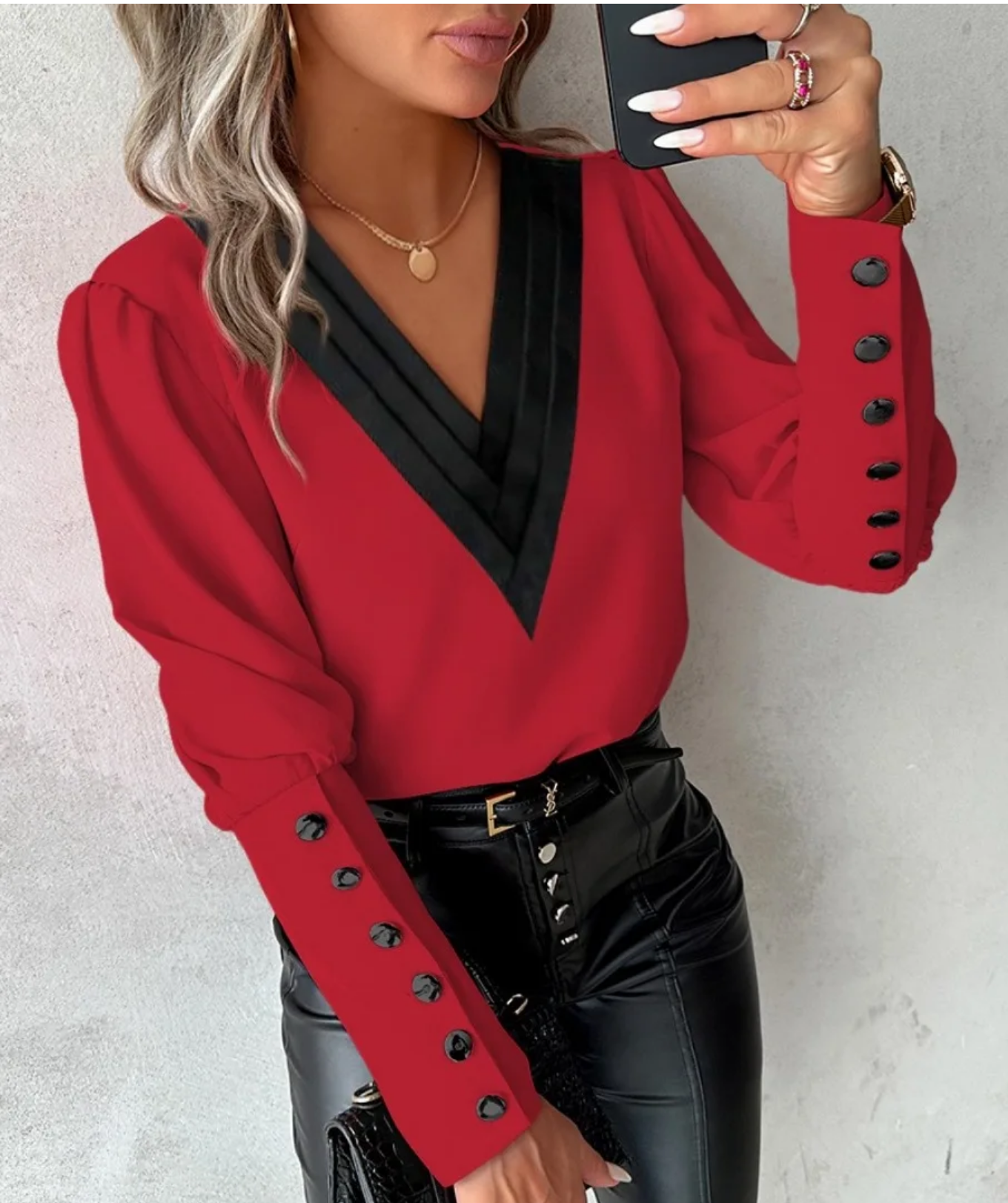Spring Autumn Fashion V-neck Solid Color Long Sleeved Button Blouse Shirt
