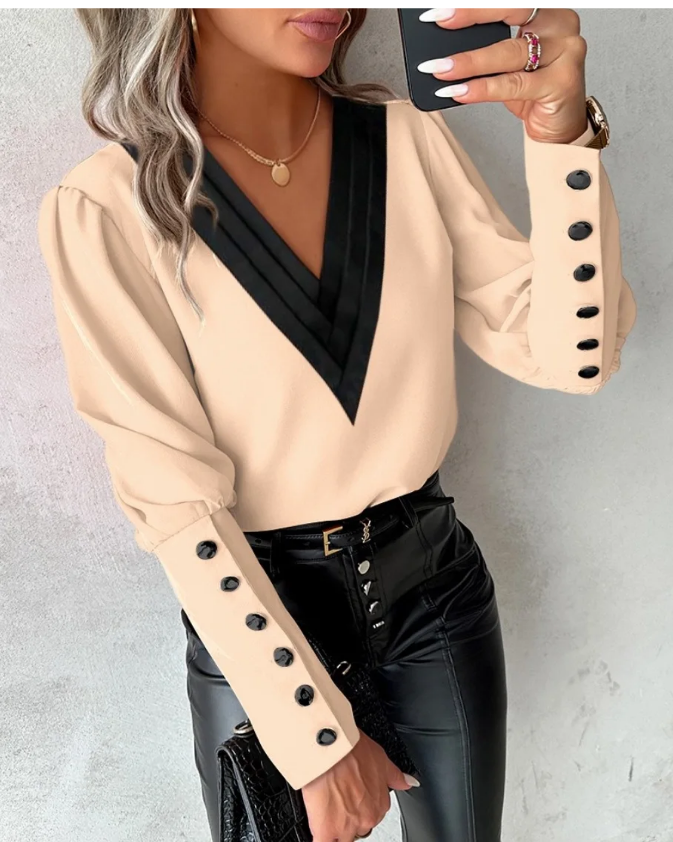 Spring Autumn Fashion V-neck Solid Color Long Sleeved Button Blouse Shirt