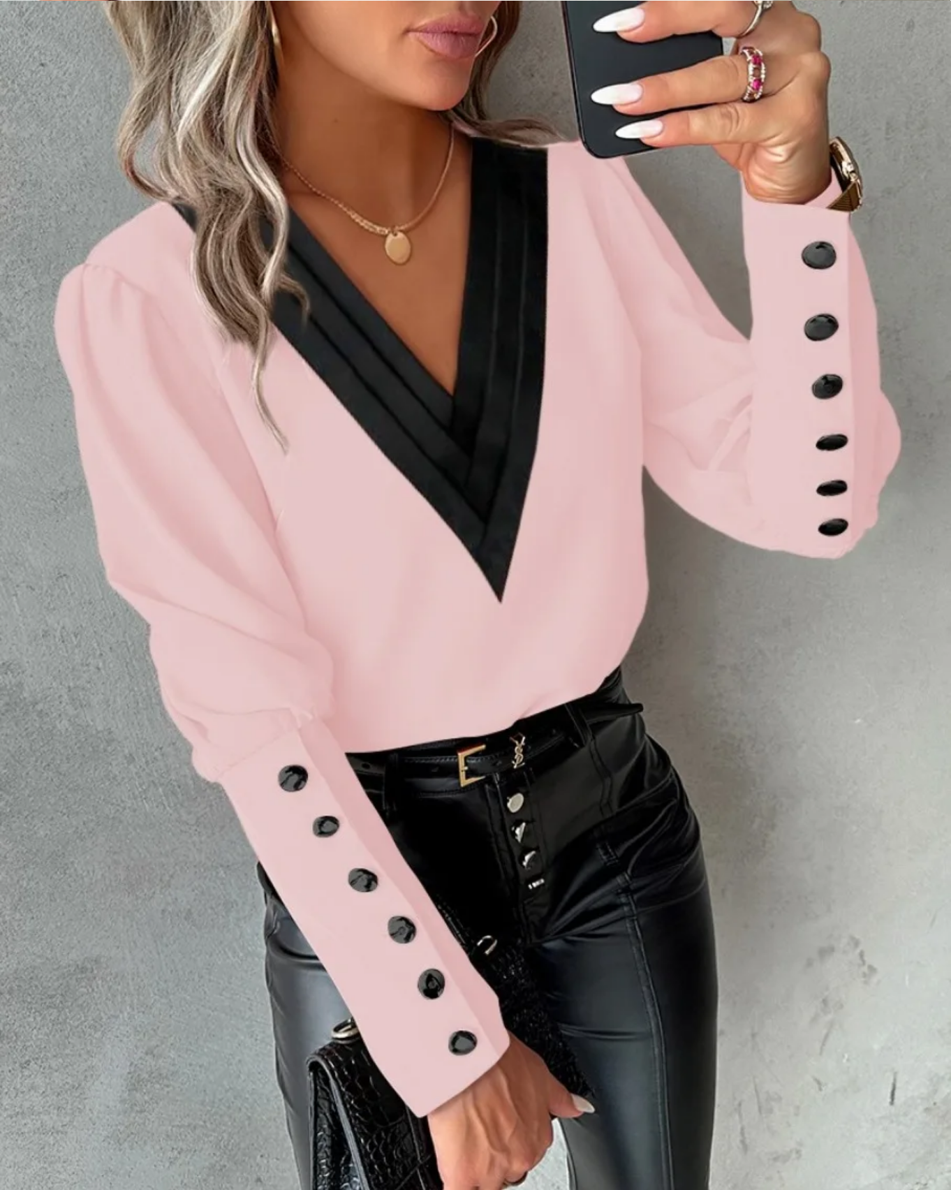 Spring Autumn Fashion V-neck Solid Color Long Sleeved Button Blouse Shirt