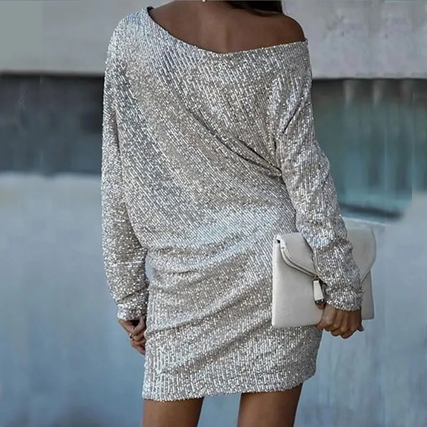 Long Sleeve Sequins Shiny Short Dress