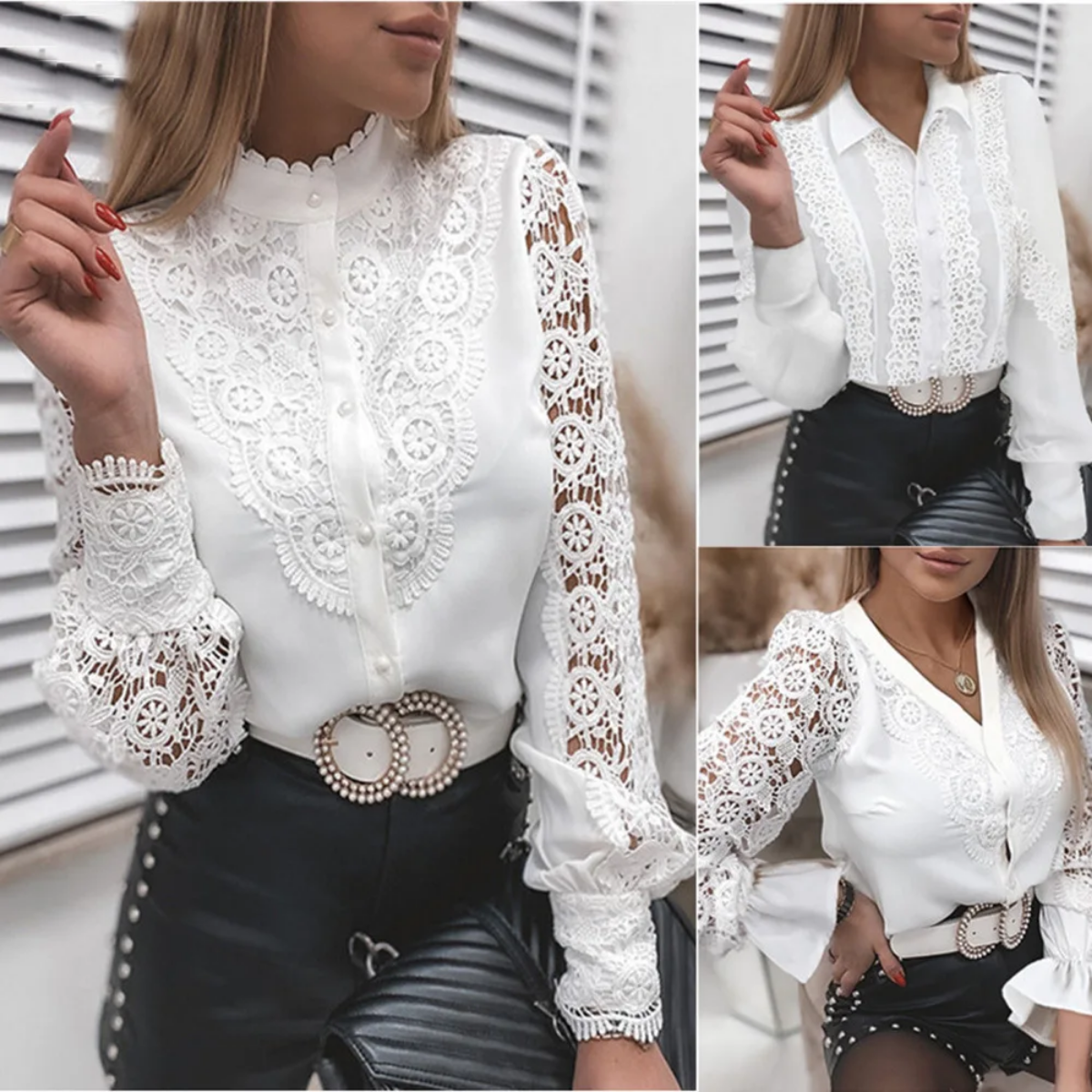 Sexy  Autumn Lace Hollow Panel Long Sleeve O Neck  Blouse