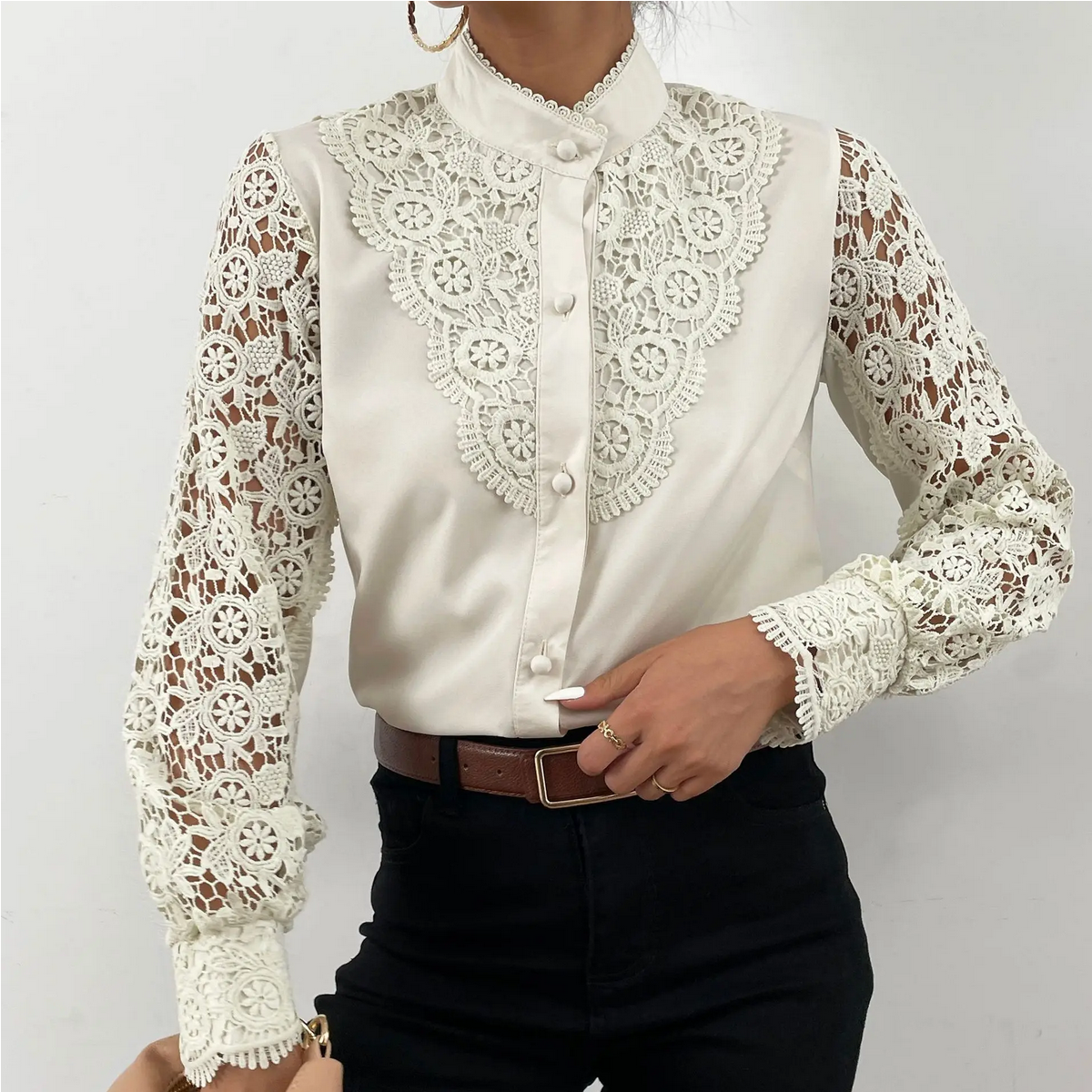 Sexy  Autumn Lace Hollow Panel Long Sleeve O Neck  Blouse