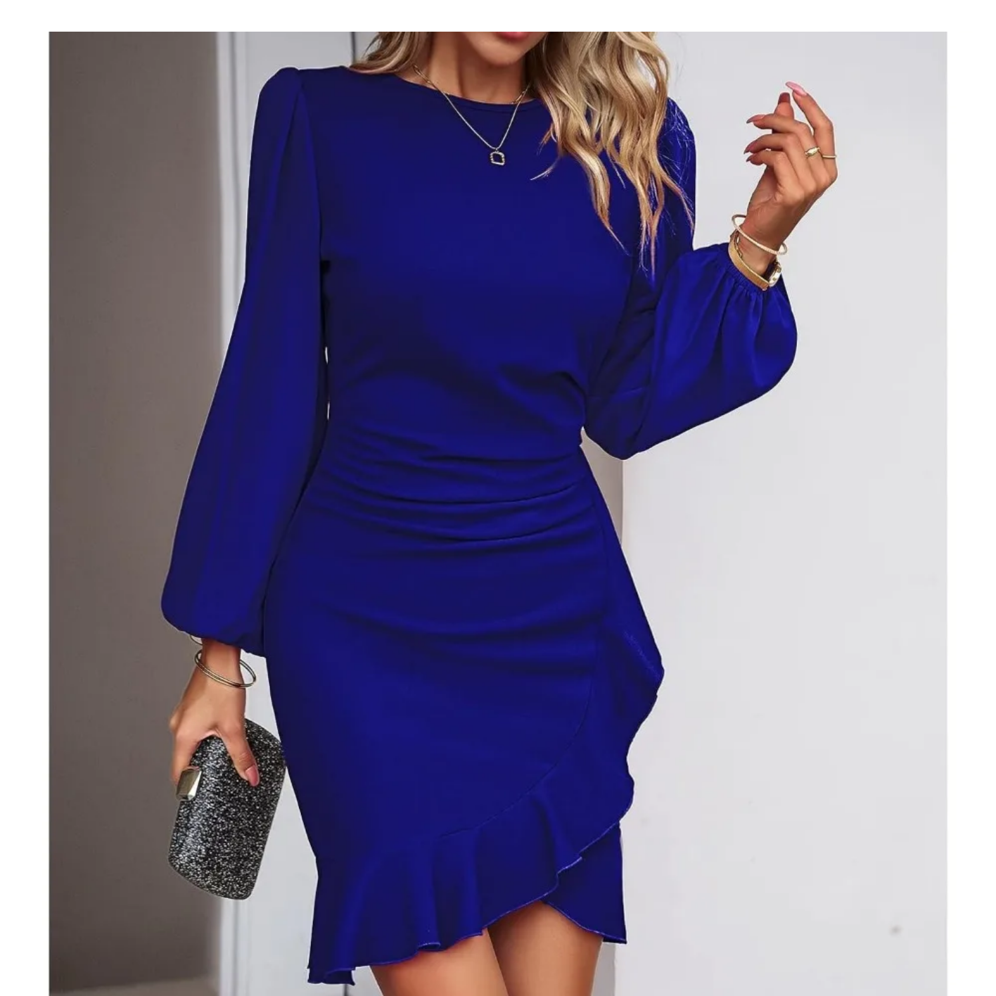 Autumn Elegant Solid Round Neck Bubble Sleeve Dress