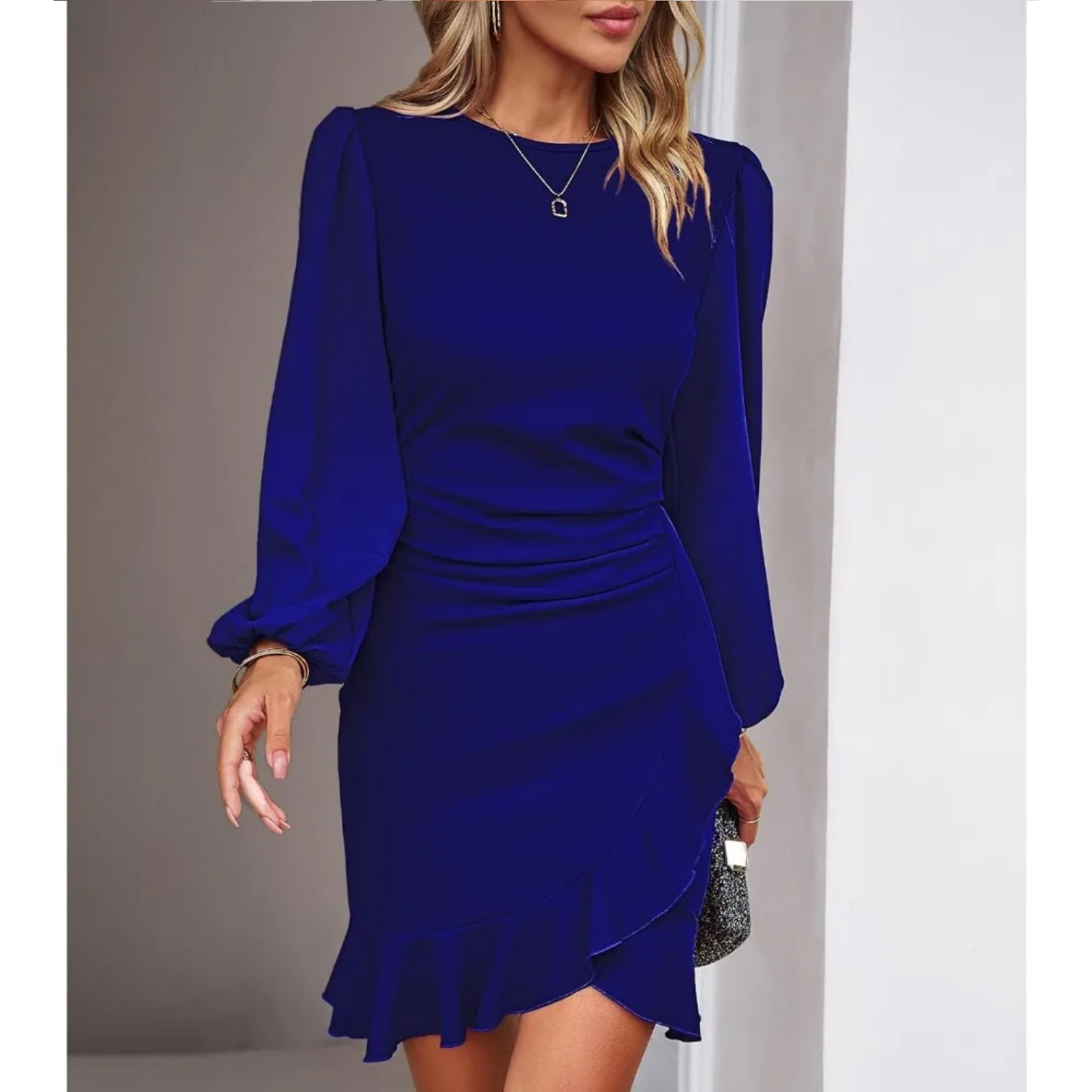 Autumn Elegant Solid Round Neck Bubble Sleeve Dress