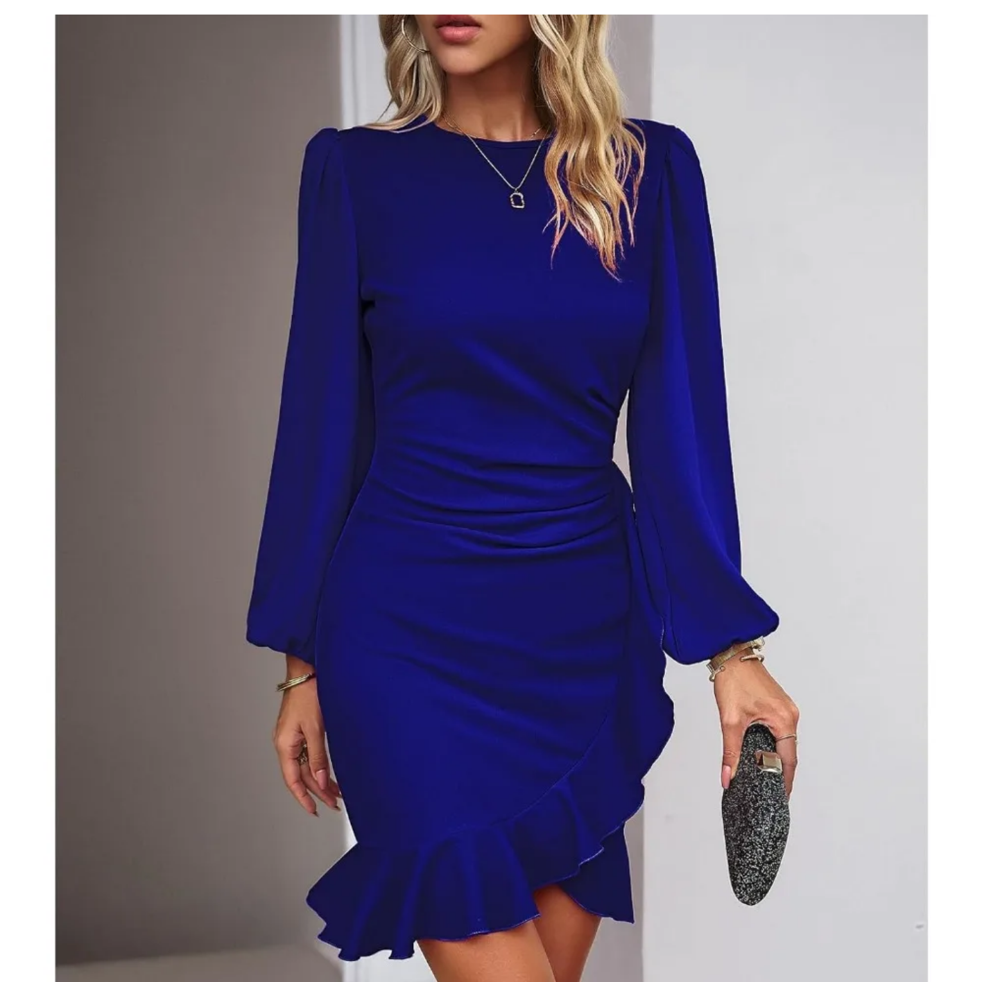 Autumn Elegant Solid Round Neck Bubble Sleeve Dress