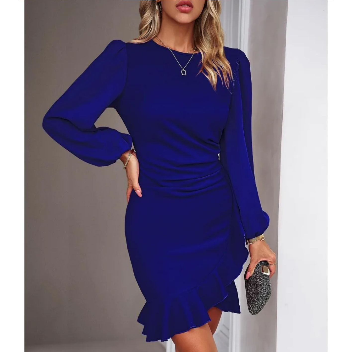 Autumn Elegant Solid Round Neck Bubble Sleeve Dress