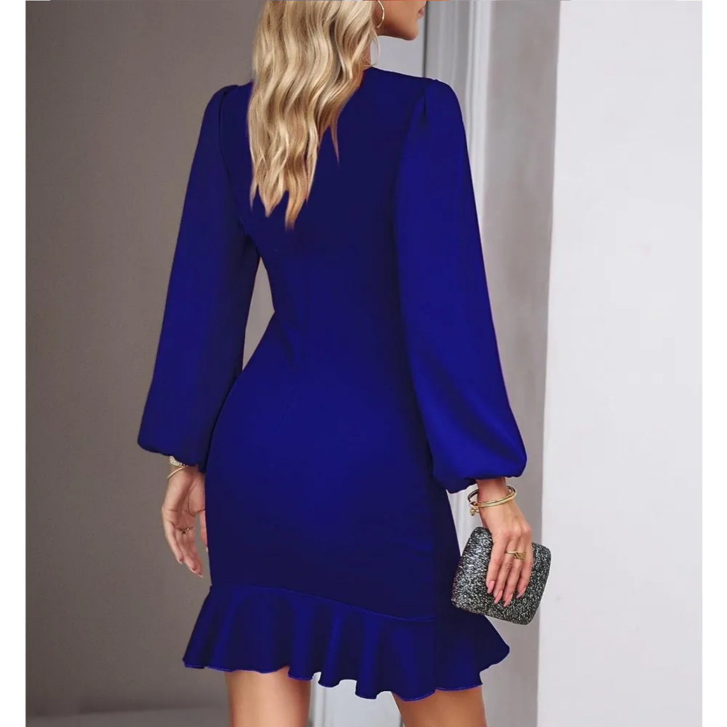 Autumn Elegant Solid Round Neck Bubble Sleeve Dress