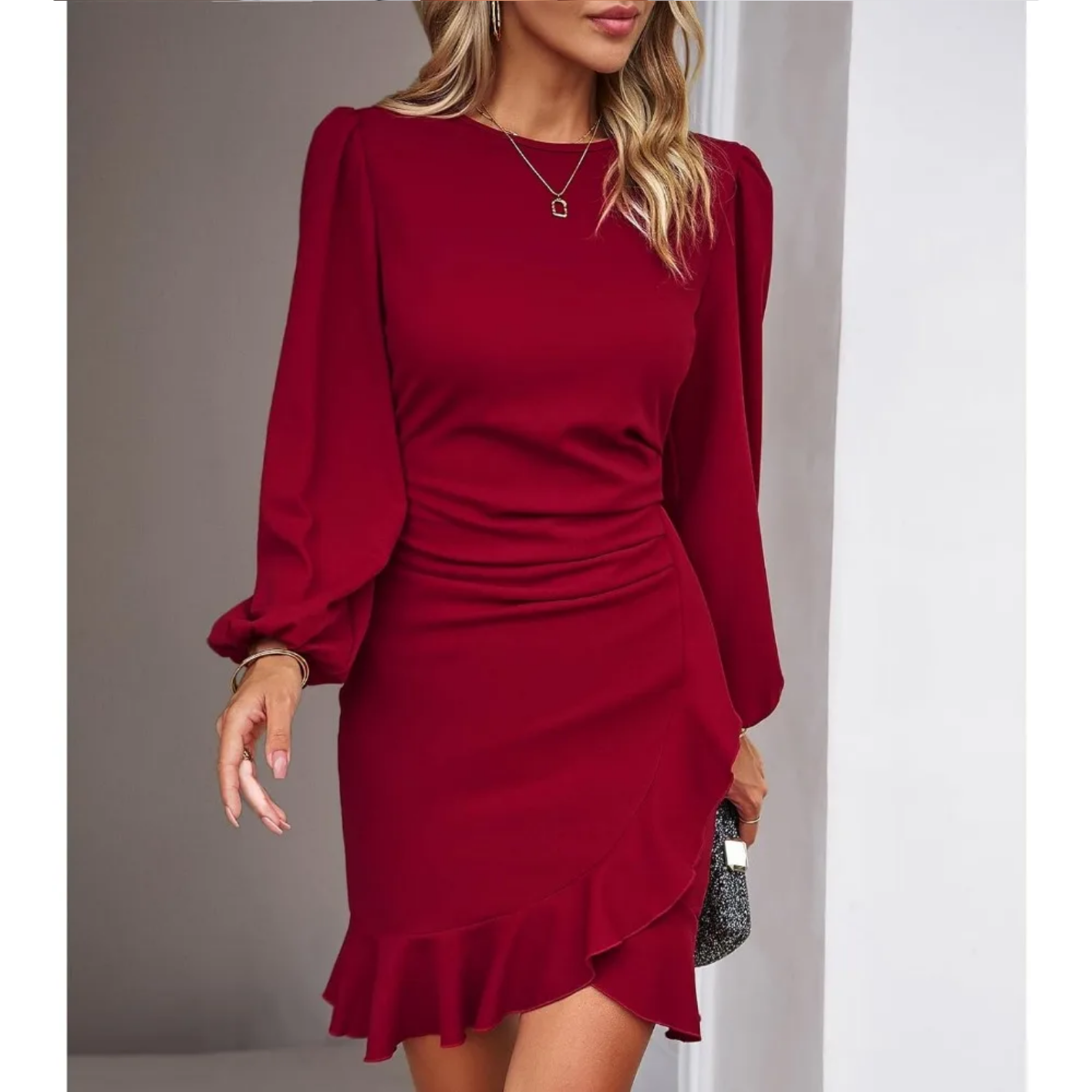 Autumn Elegant Solid Round Neck Bubble Sleeve Dress