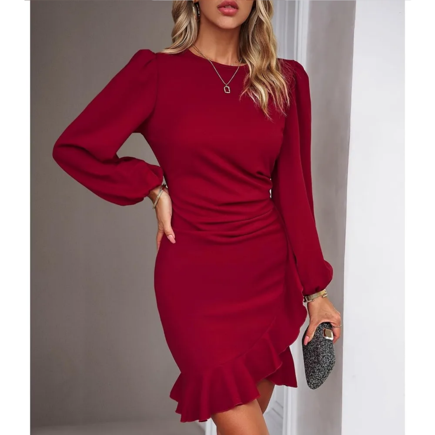 Autumn Elegant Solid Round Neck Bubble Sleeve Dress