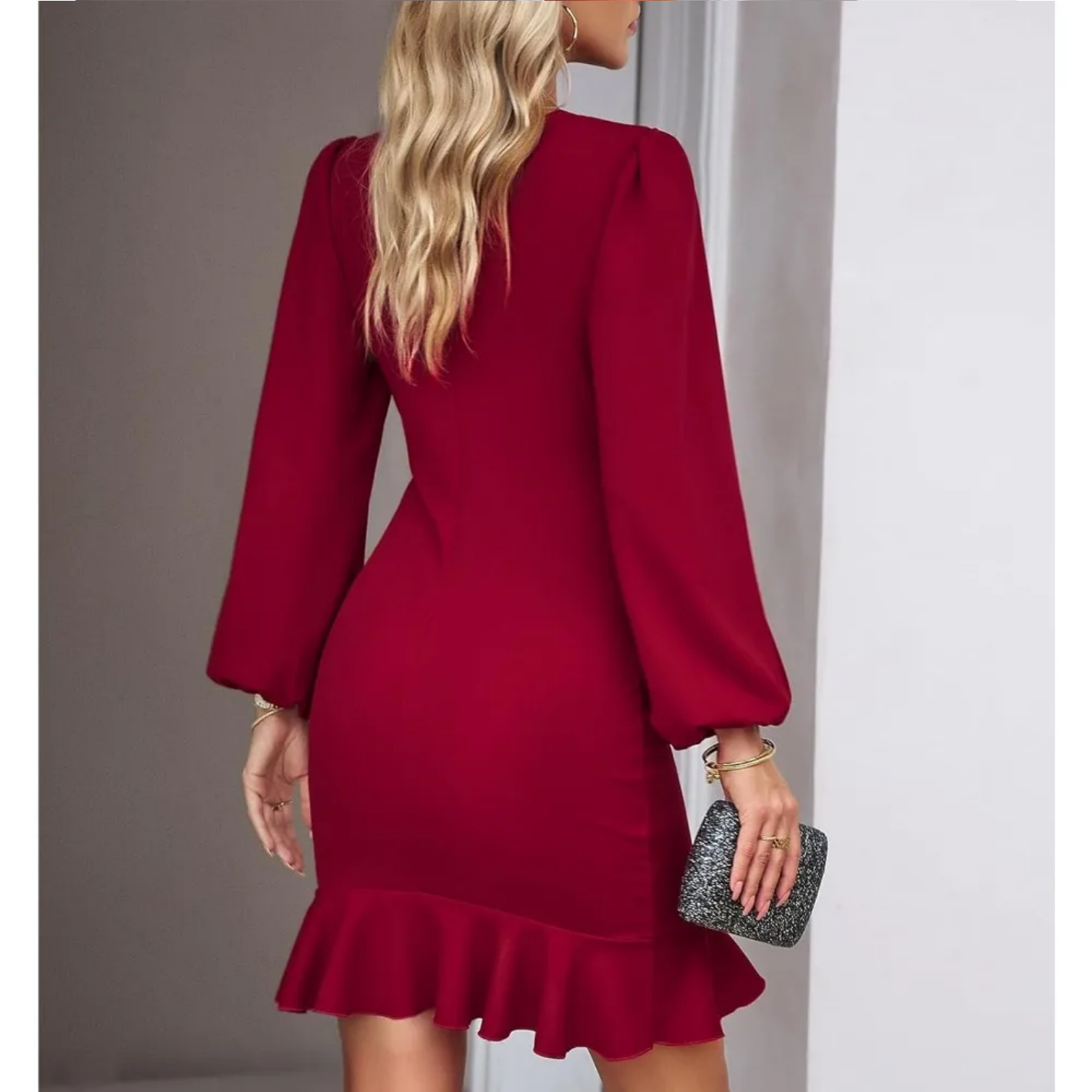 Autumn Elegant Solid Round Neck Bubble Sleeve Dress