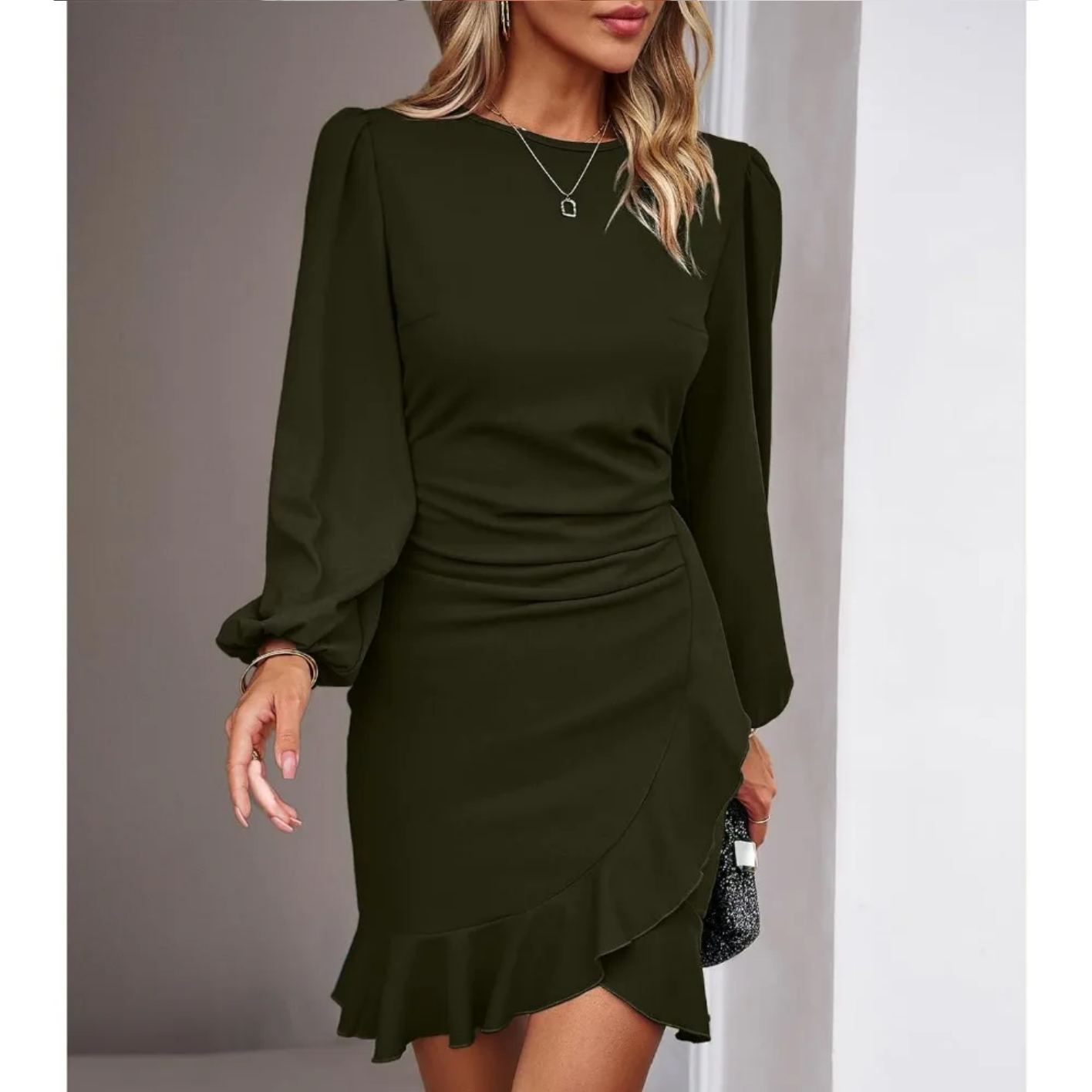 Autumn Elegant Solid Round Neck Bubble Sleeve Dress