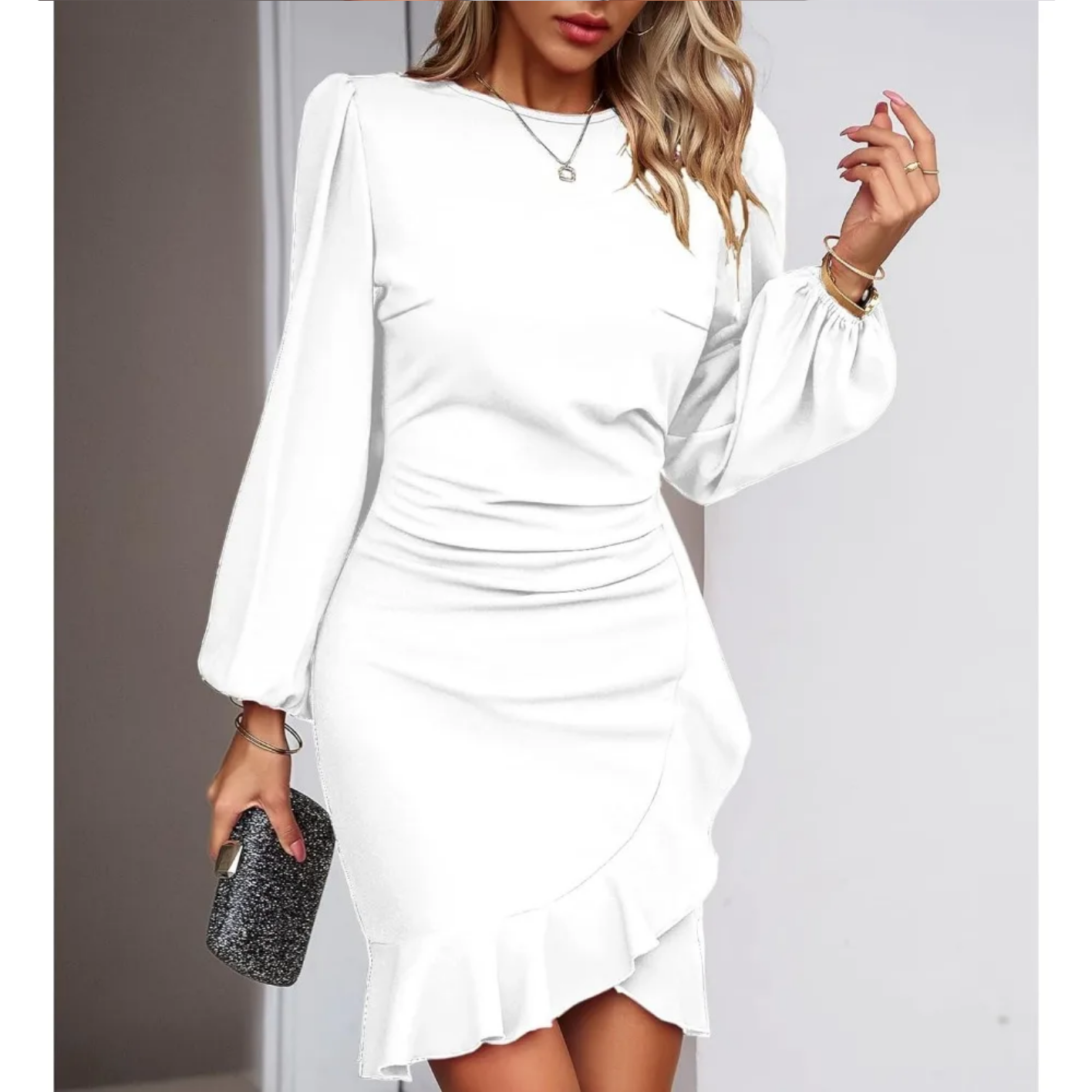 Autumn Elegant Solid Round Neck Bubble Sleeve Dress