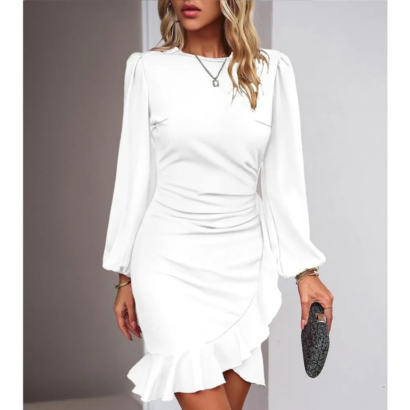 Autumn Elegant Solid Round Neck Bubble Sleeve Dress