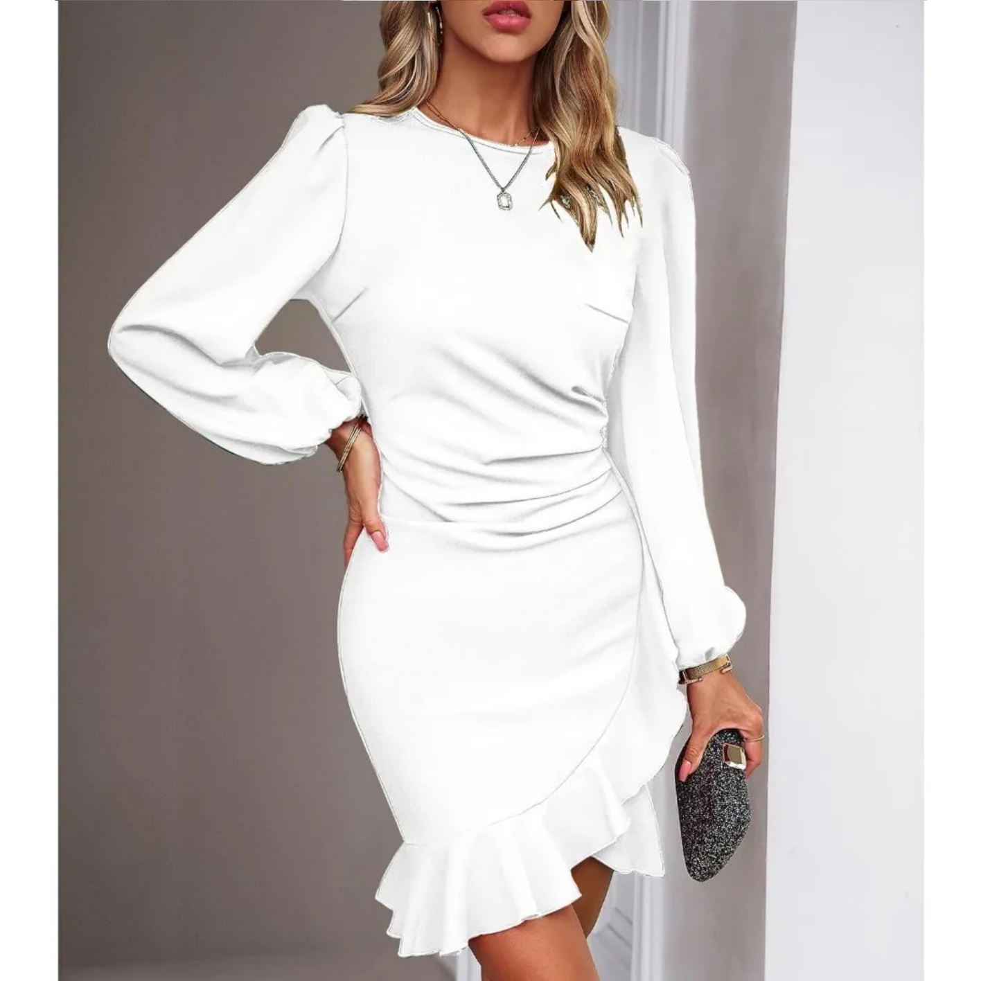 Autumn Elegant Solid Round Neck Bubble Sleeve Dress