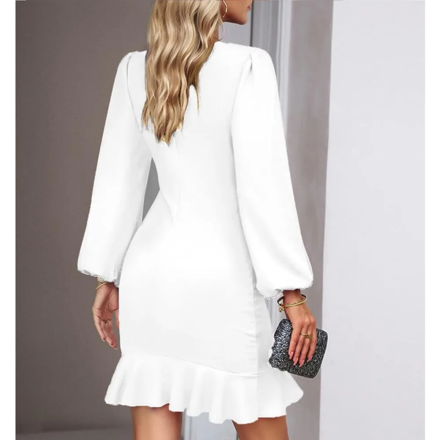 Autumn Elegant Solid Round Neck Bubble Sleeve Dress