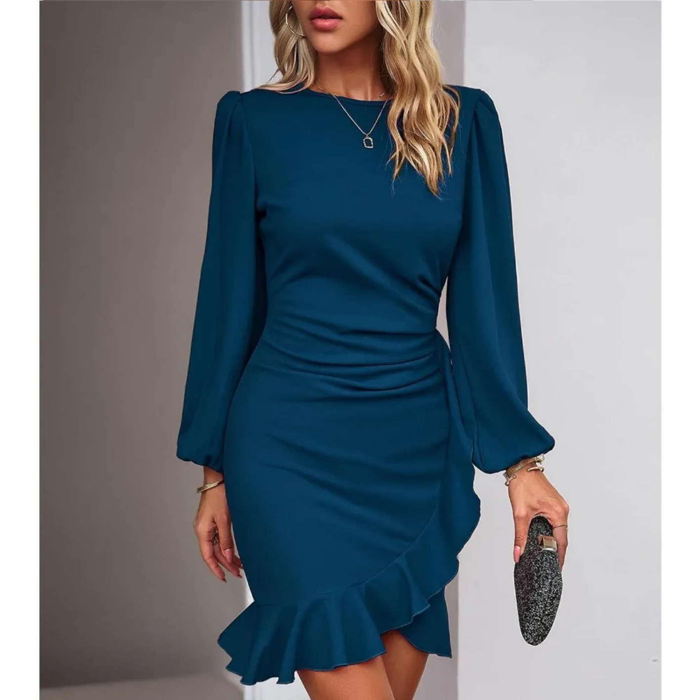 Autumn Elegant Solid Round Neck Bubble Sleeve Dress