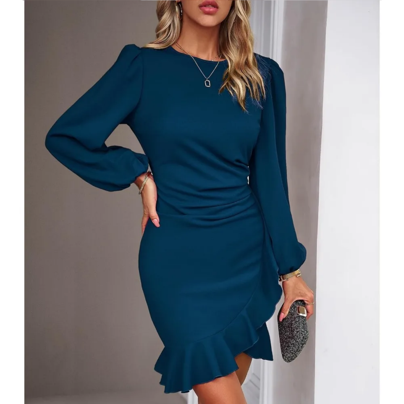 Autumn Elegant Solid Round Neck Bubble Sleeve Dress