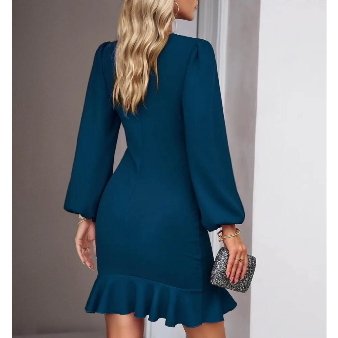 Autumn Elegant Solid Round Neck Bubble Sleeve Dress