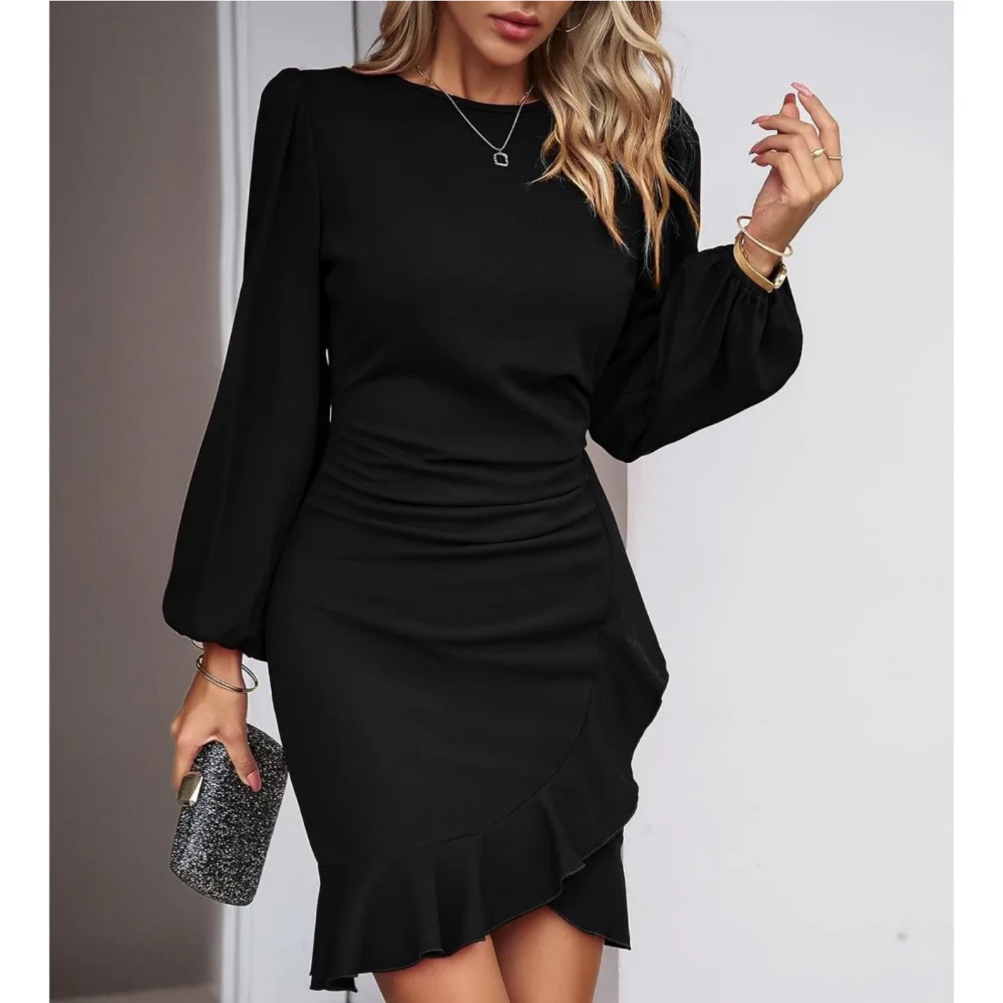 Autumn Elegant Solid Round Neck Bubble Sleeve Dress